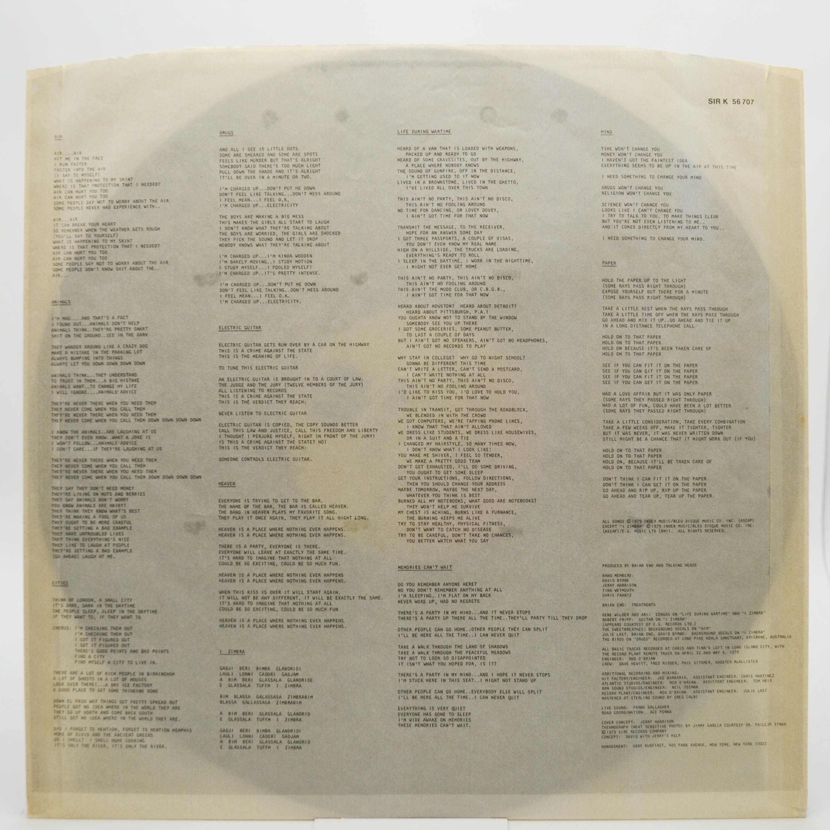 Виниловая пластинка Talking Heads — Fear Of Music, 1979