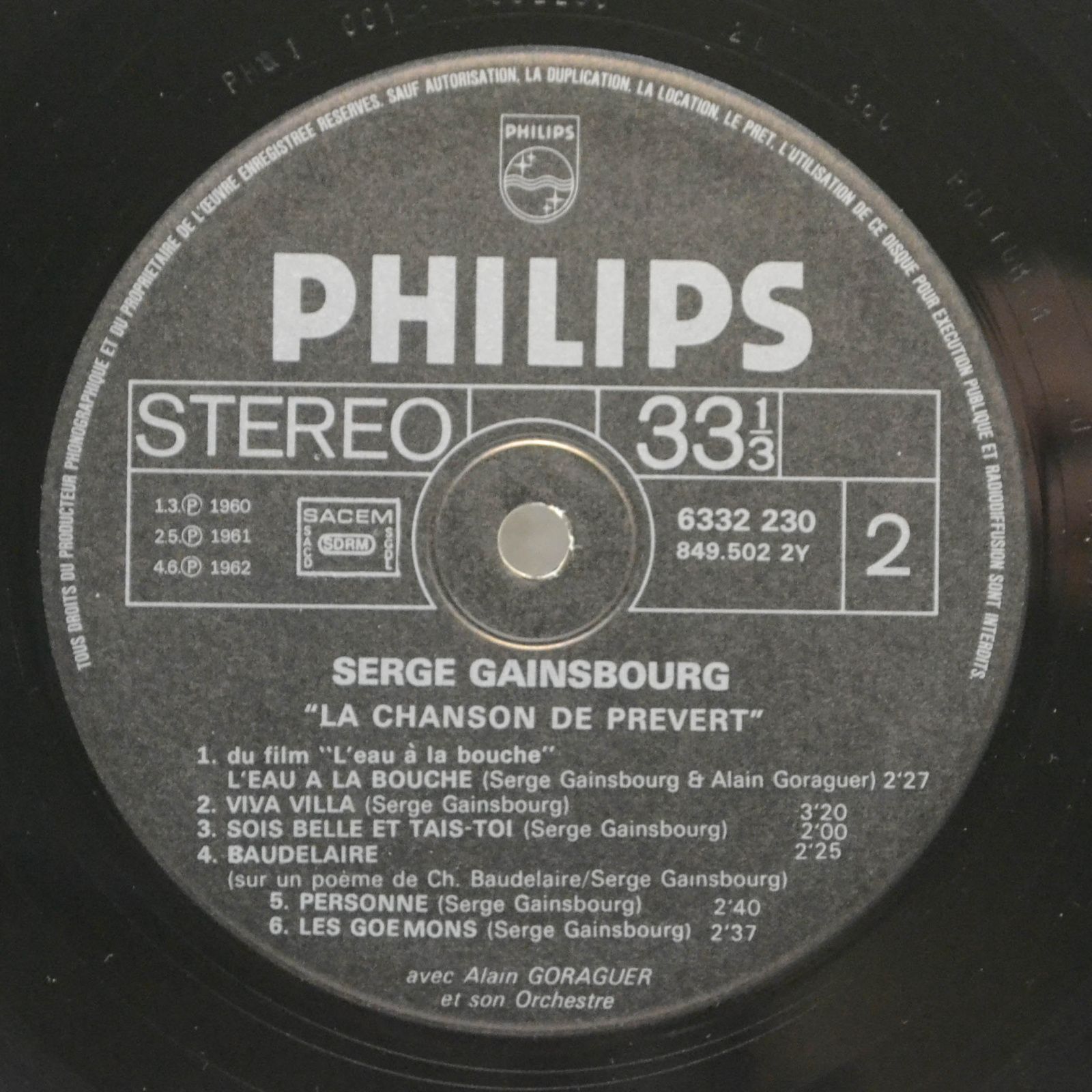 Виниловая пластинка Serge Gainsbourg — La Chanson De Prévert, 1969