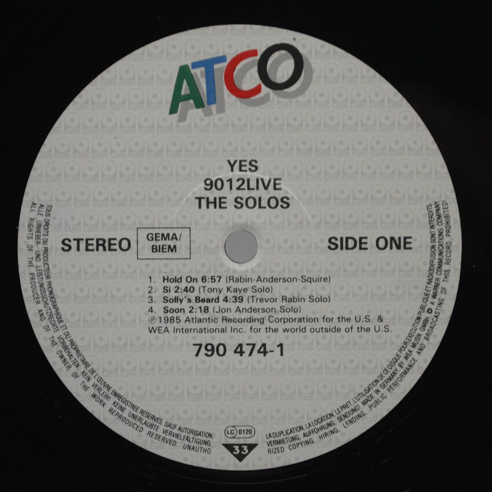 Виниловая пластинка Yes — 9012Live • The Solos, 1985
