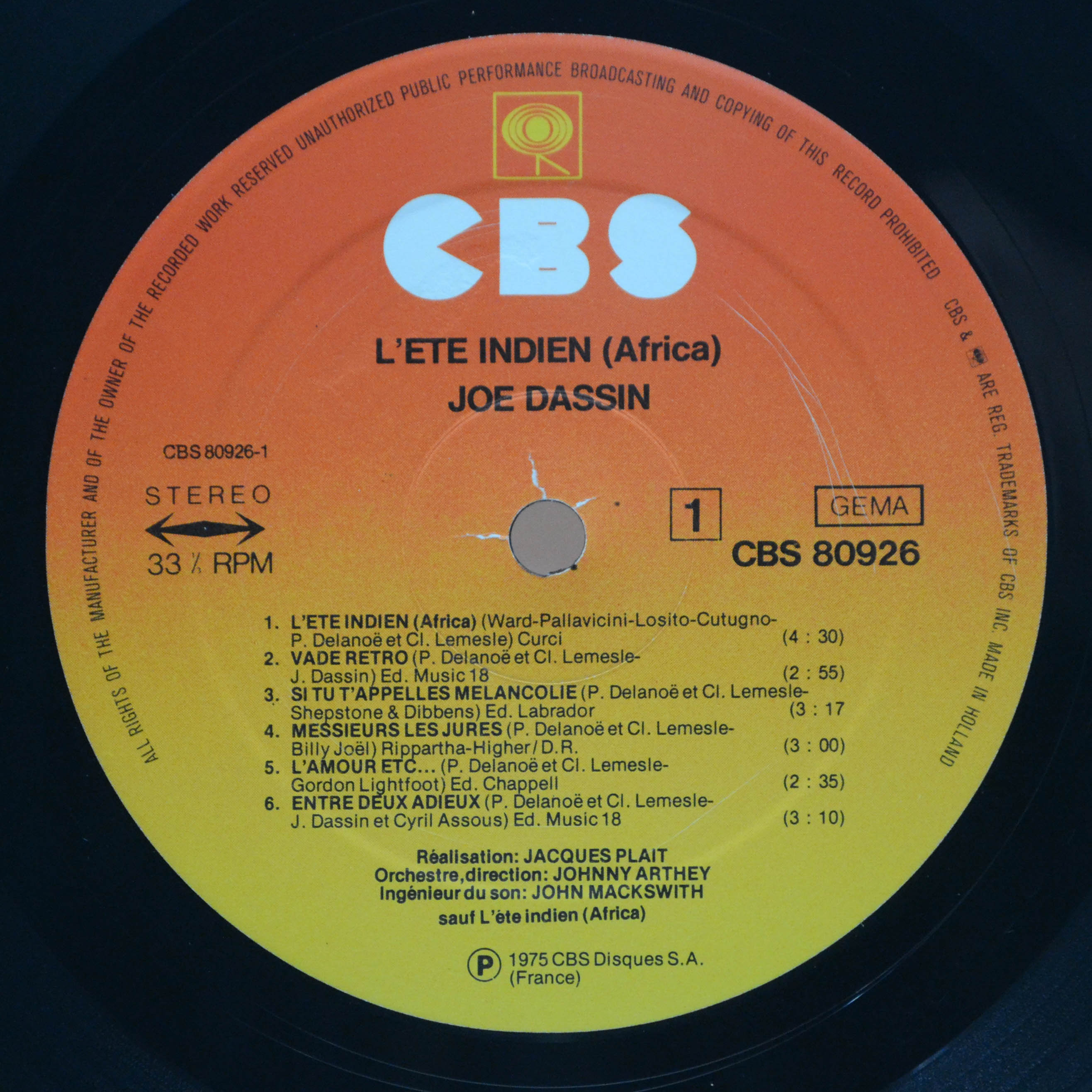 Виниловая пластинка Joe Dassin — L'Ete Indien (Africa), 1974