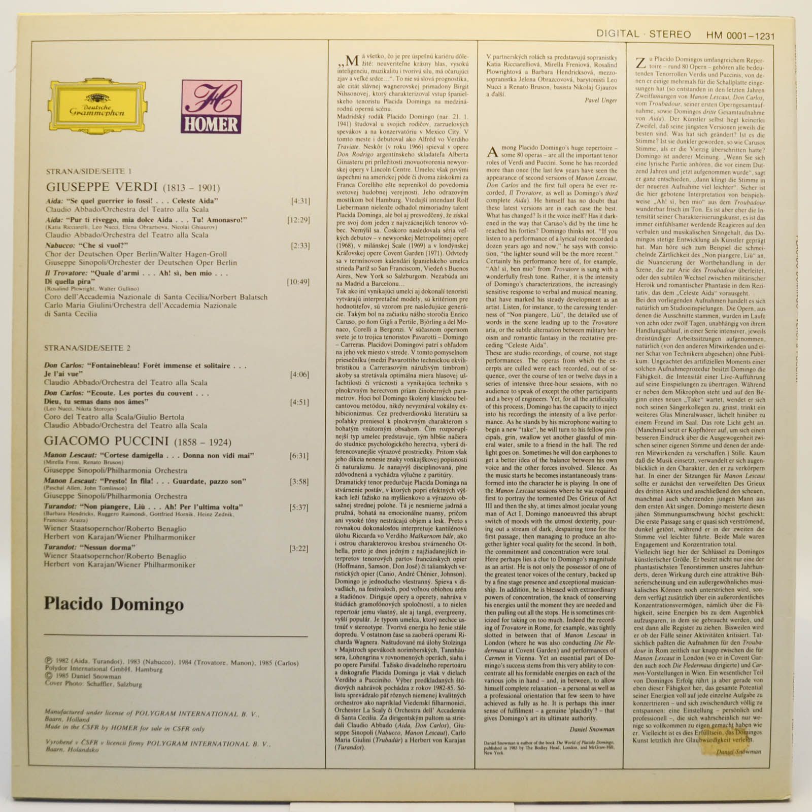 Виниловая пластинка Placido Domingo — Verdi & Puccini, 1985
