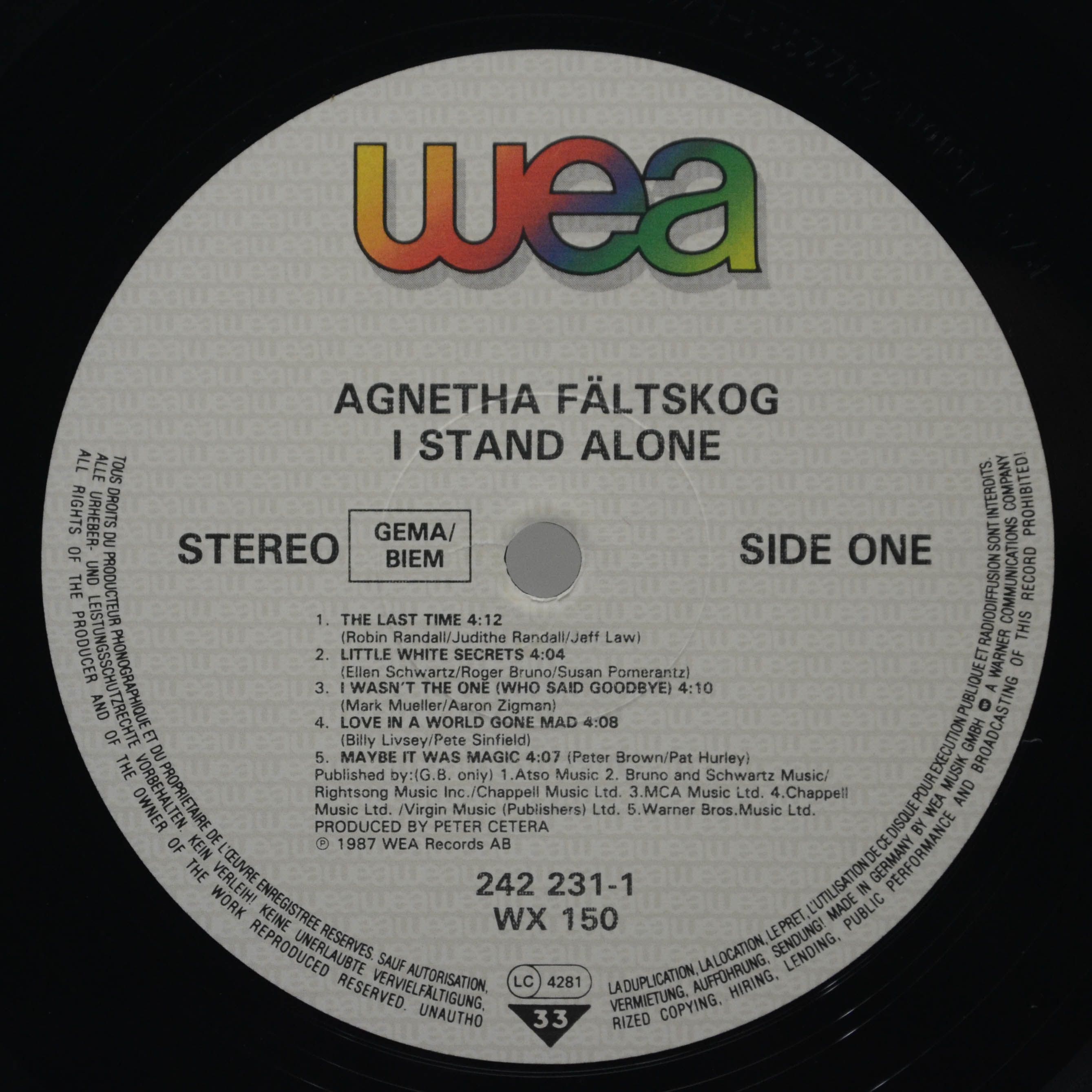 Виниловая пластинка Agnetha Fältskog — I Stand Alone, 1987