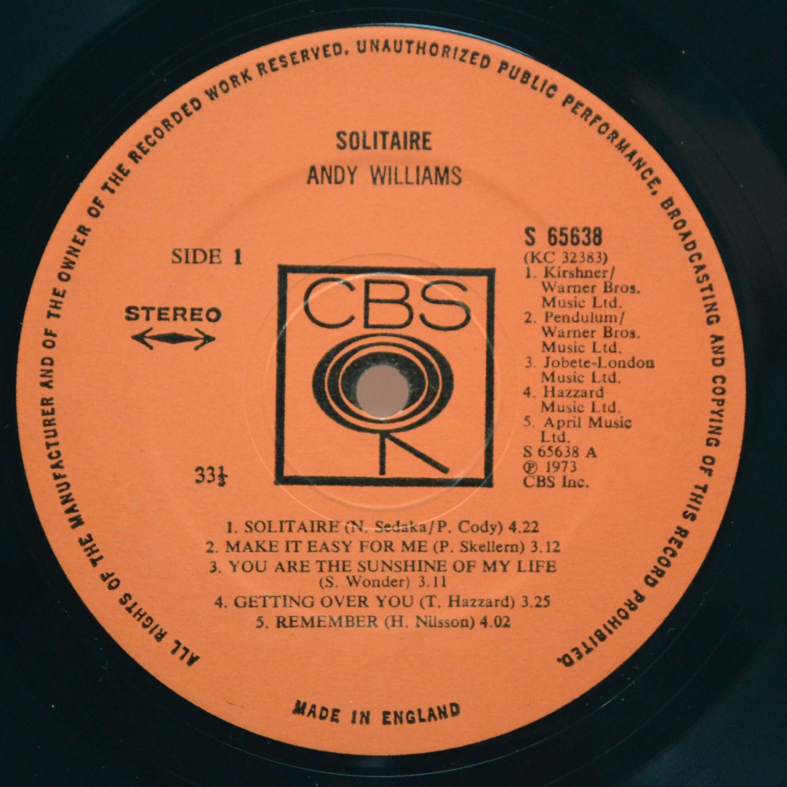 Виниловая пластинка Andy Williams — Solitaire (UK), 1973