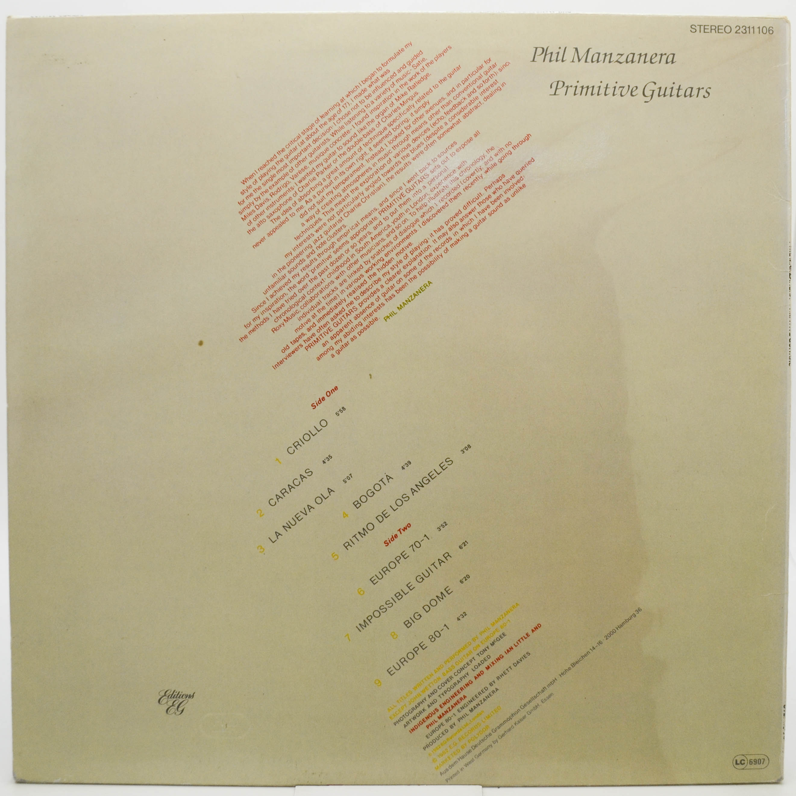 Виниловая пластинка Phil Manzanera — Primitive Guitars, 1982
