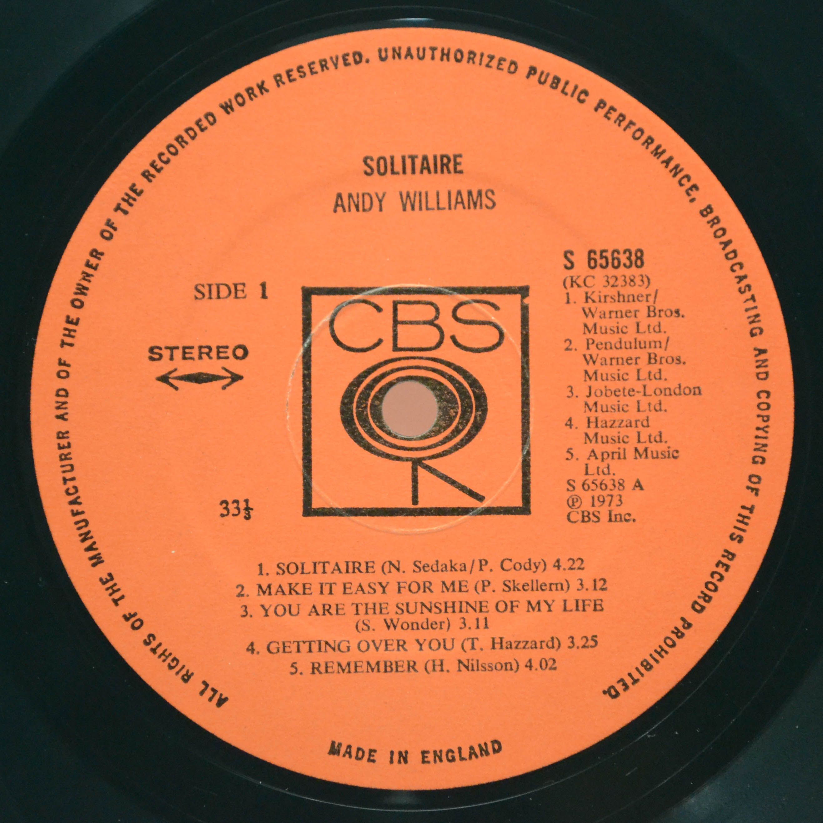 Виниловая пластинка Andy Williams — Solitaire (UK), 1973