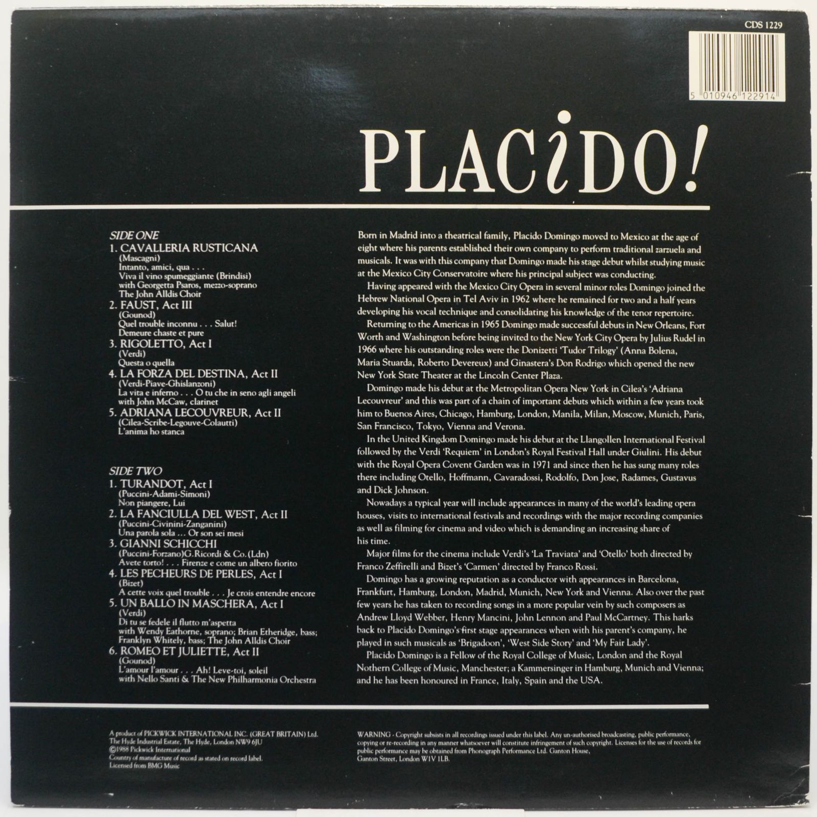 Виниловая пластинка Placido Domingo — Placido!, 1988