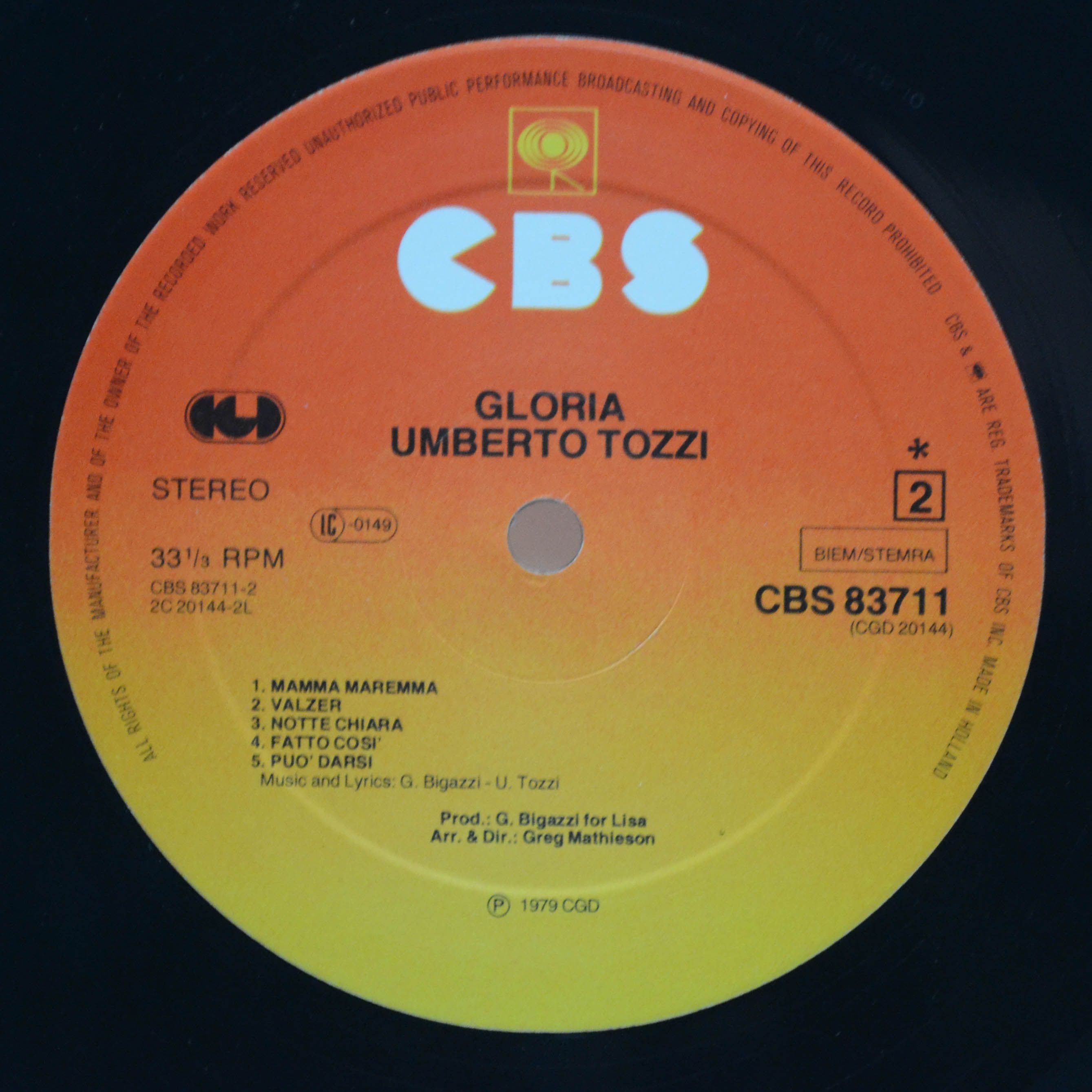 Виниловая пластинка Umberto Tozzi — Gloria, 1979