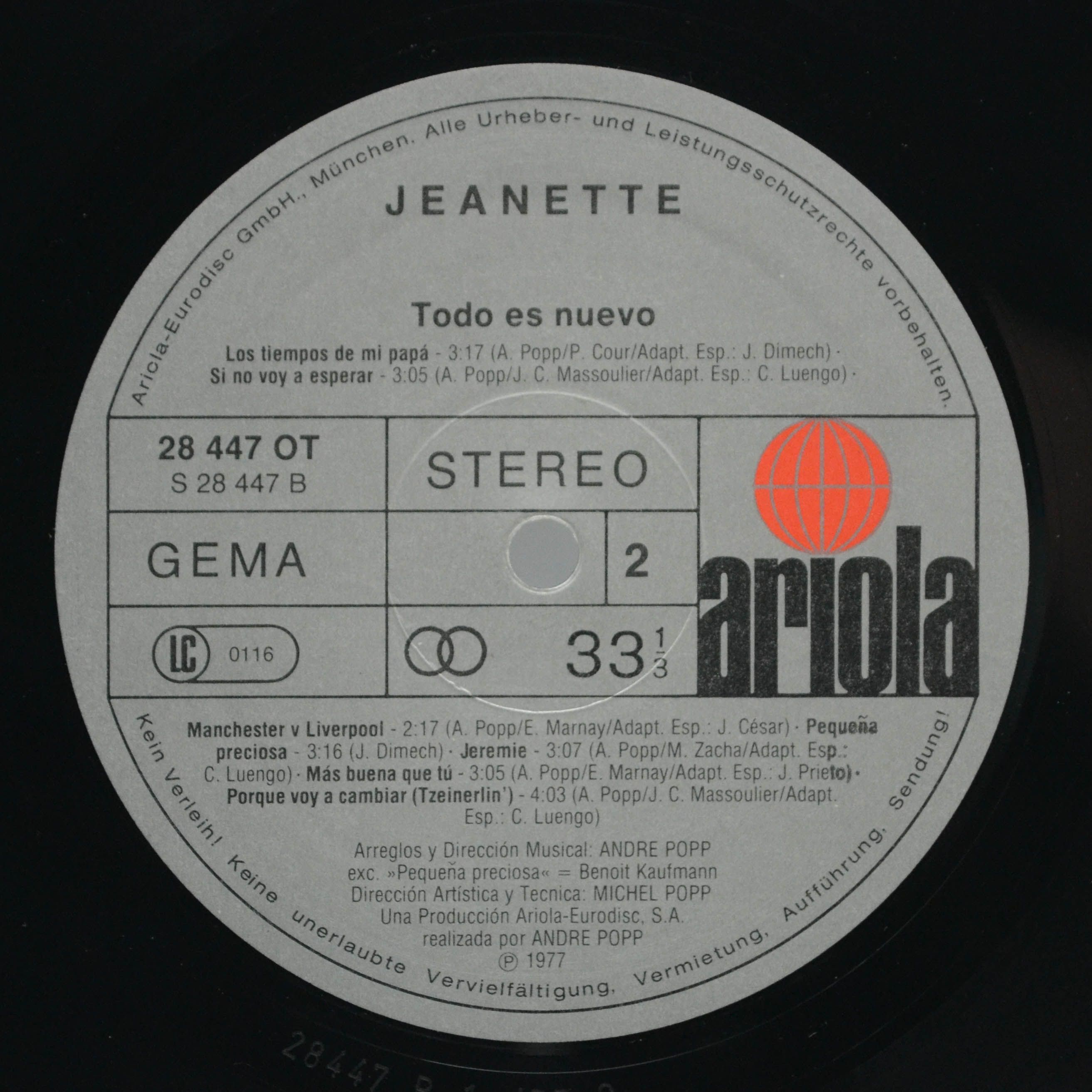 Виниловая пластинка Jeanette — Todo Es Nuevo, 1977