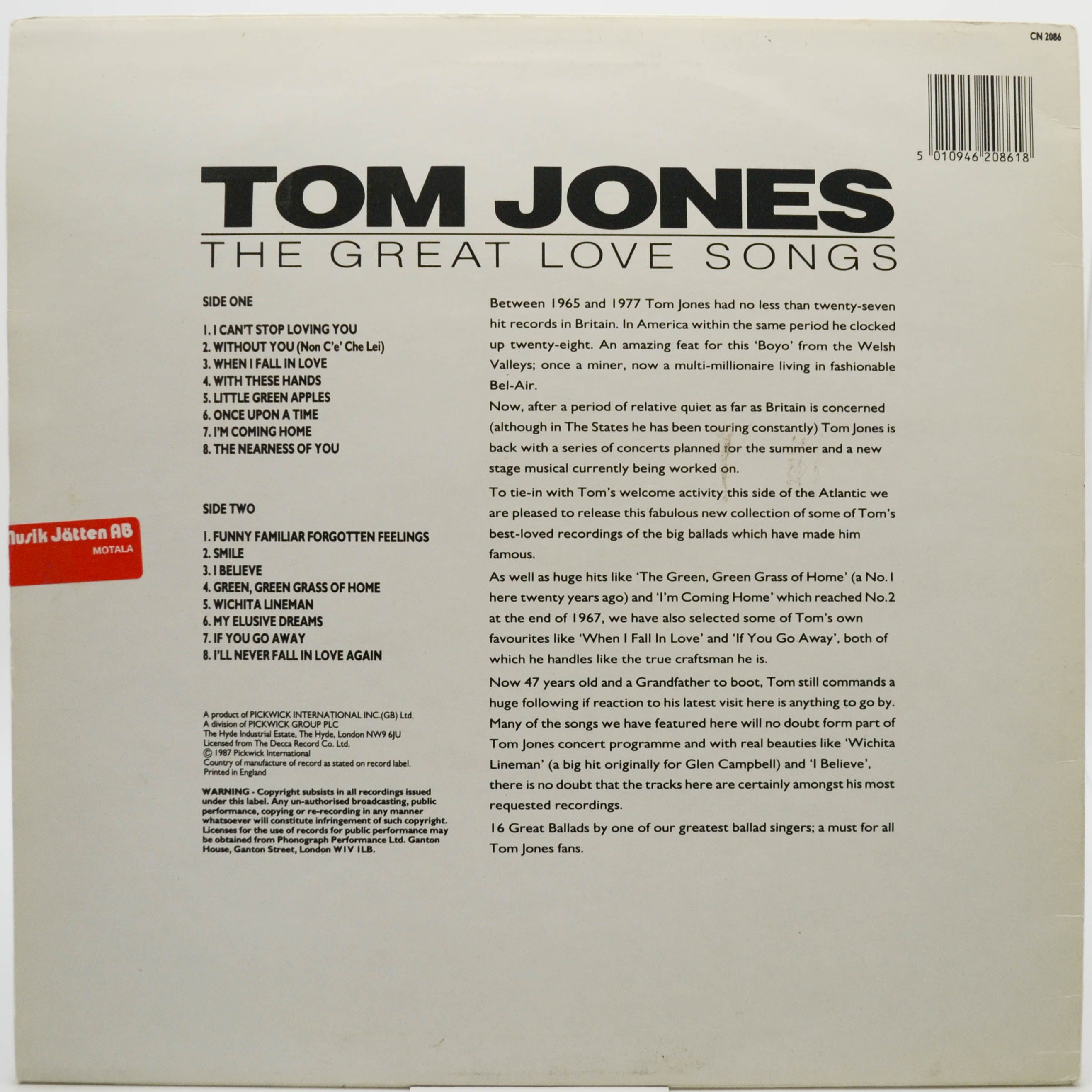 Tom Jones — The Great Love Songs (UK), 1987