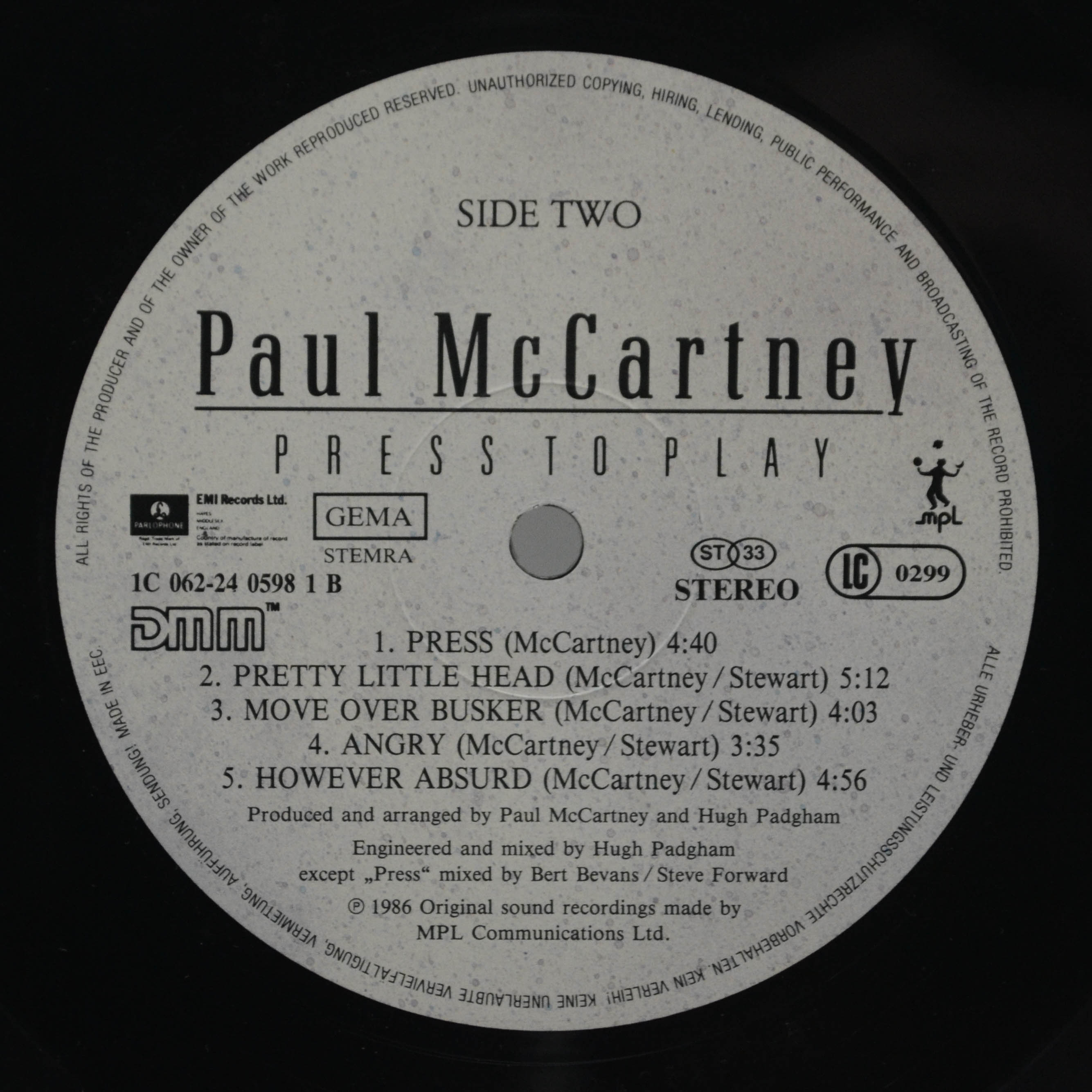 Виниловая пластинка Paul McCartney — Press To Play, 1986