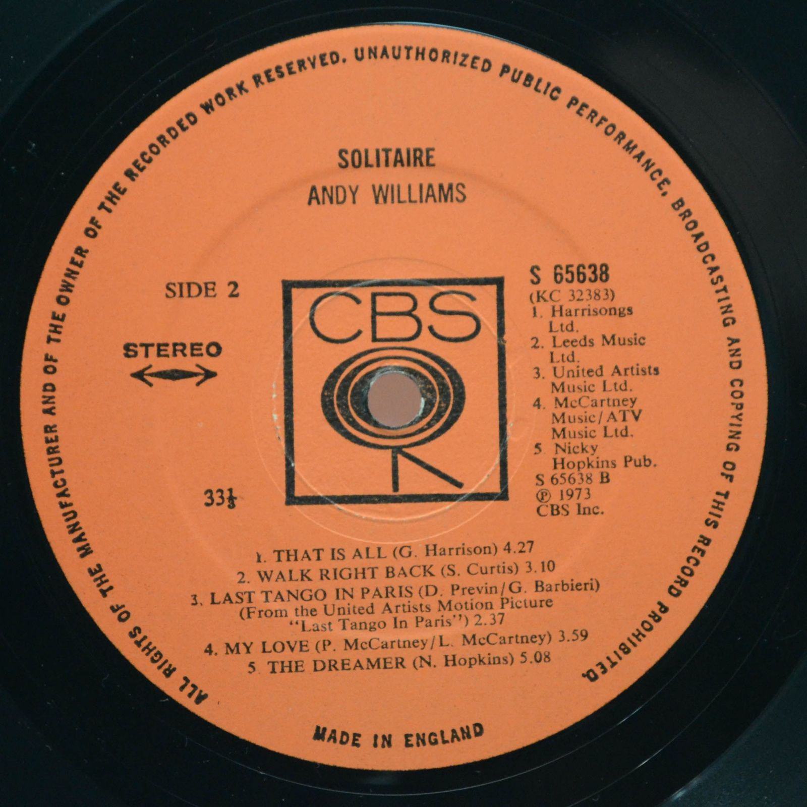 Виниловая пластинка Andy Williams — Solitaire (UK), 1973