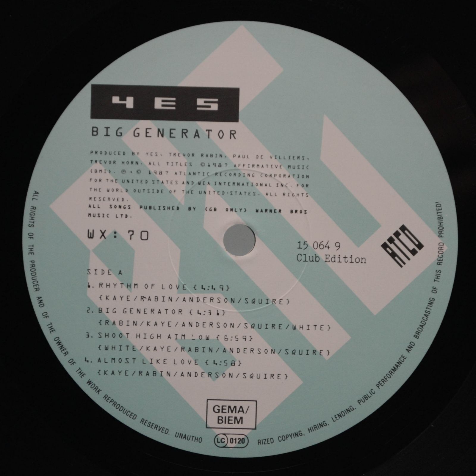 Виниловая пластинка Yes — Big Generator, 1987