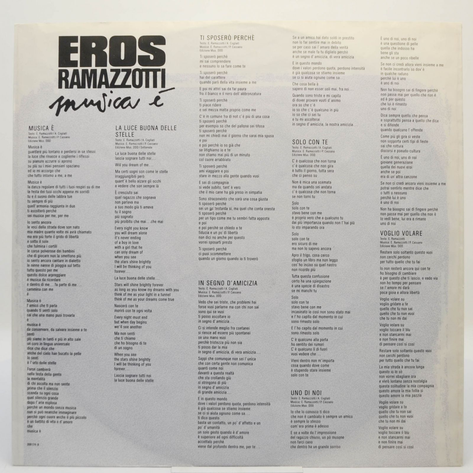 Виниловая пластинка Eros Ramazzotti — Musica È, 1988