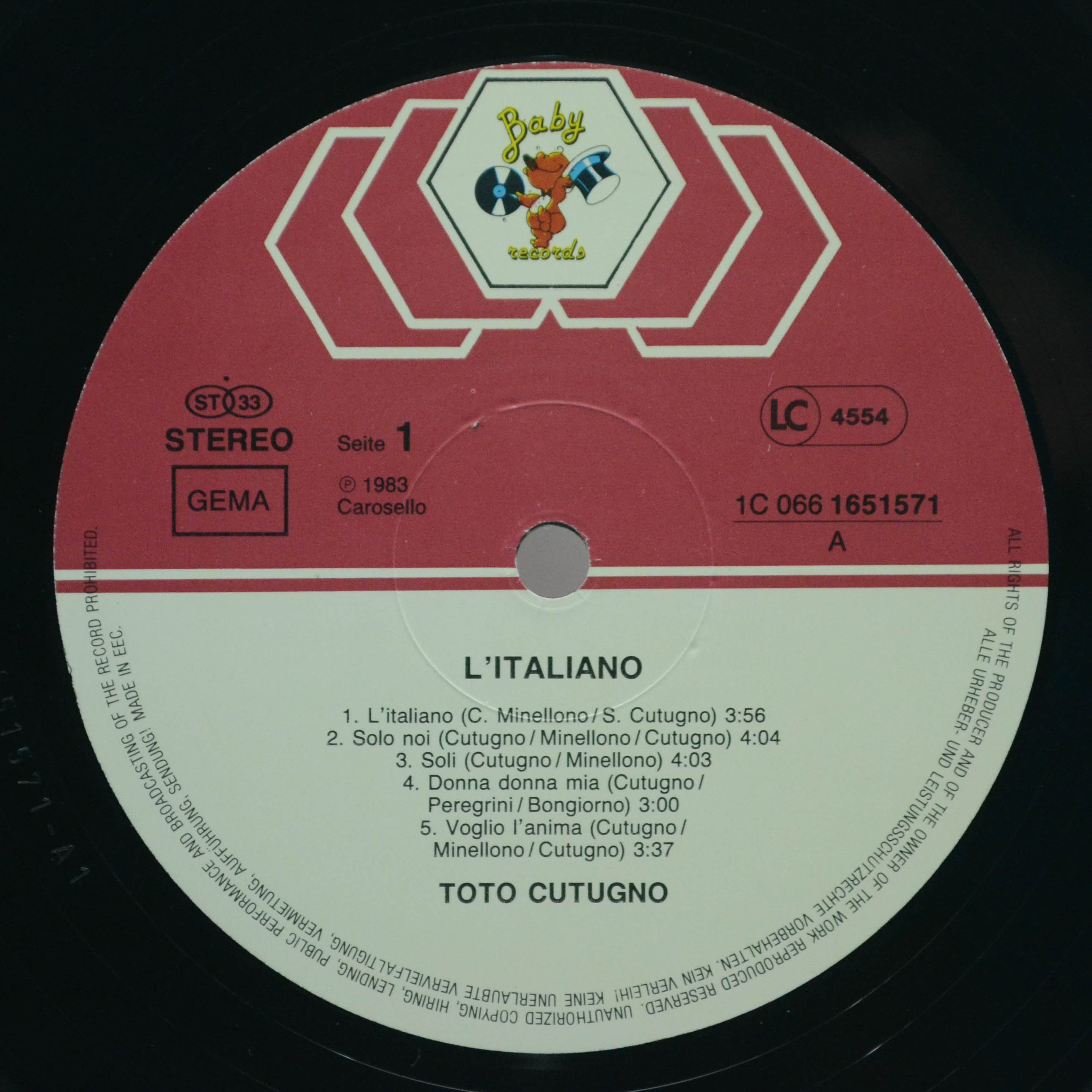 Виниловая пластинка Toto Cutugno — L'Italiano, 1983