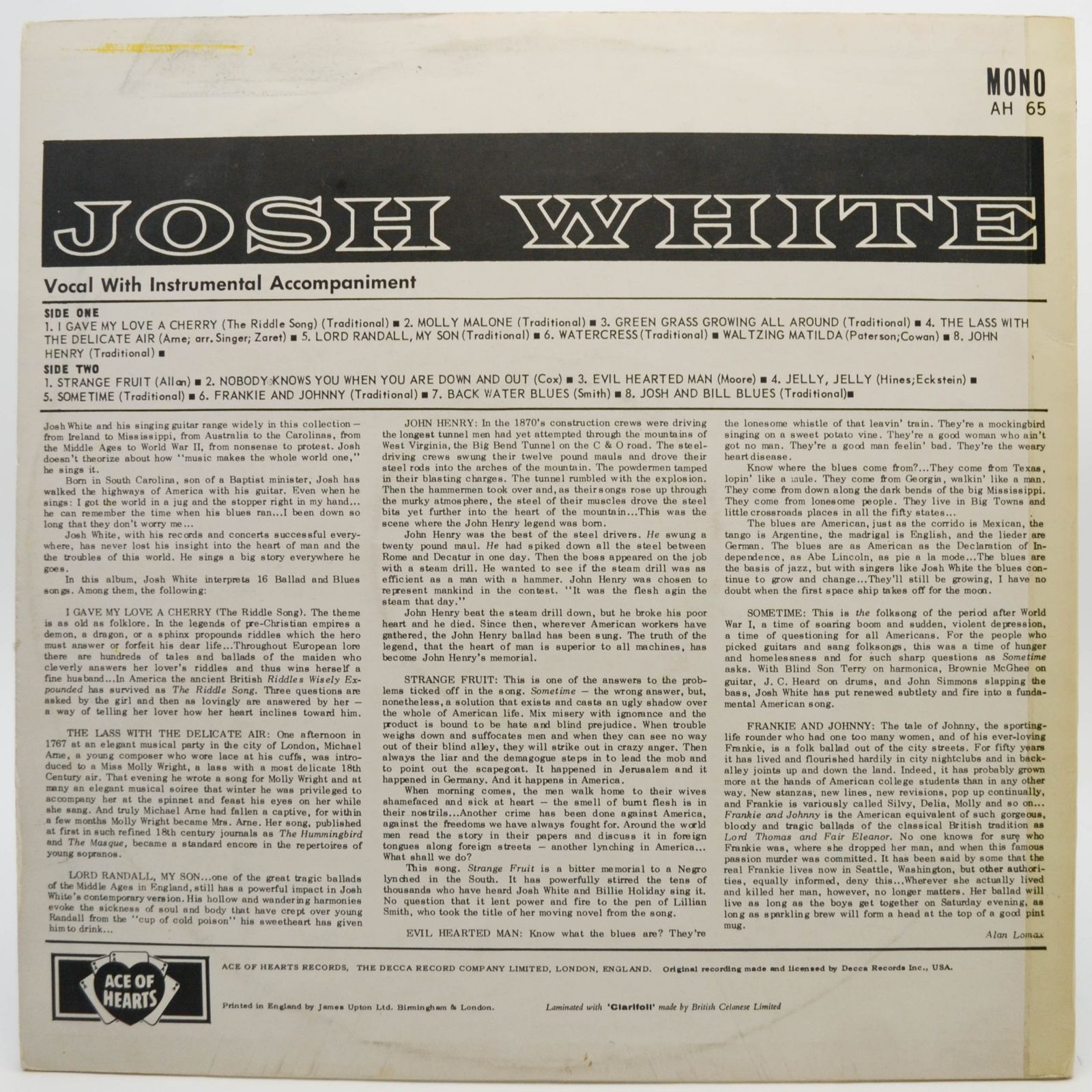 Виниловая пластинка Josh White — Josh White (UK), 1958