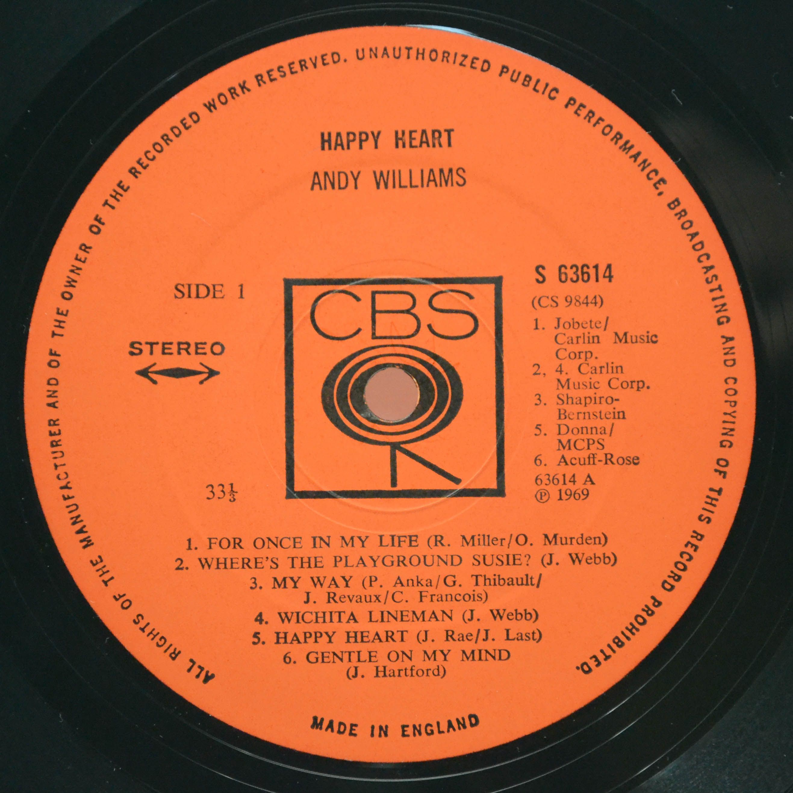 Виниловая пластинка Andy Williams — Happy Heart (UK), 1969