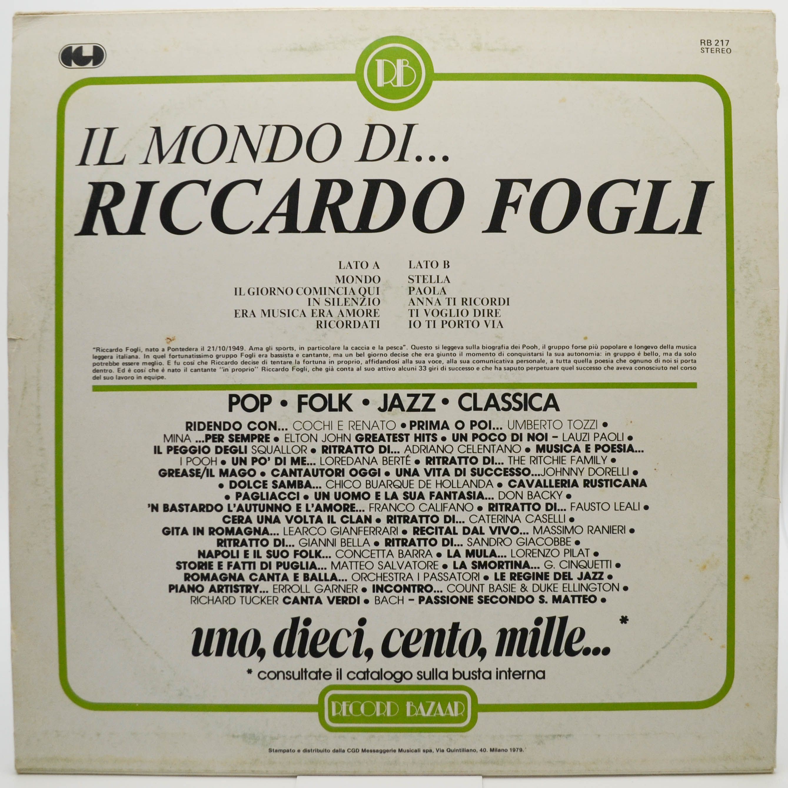 Виниловая пластинка Riccardo Fogli — Il Mondo Di... (Italy), 1979