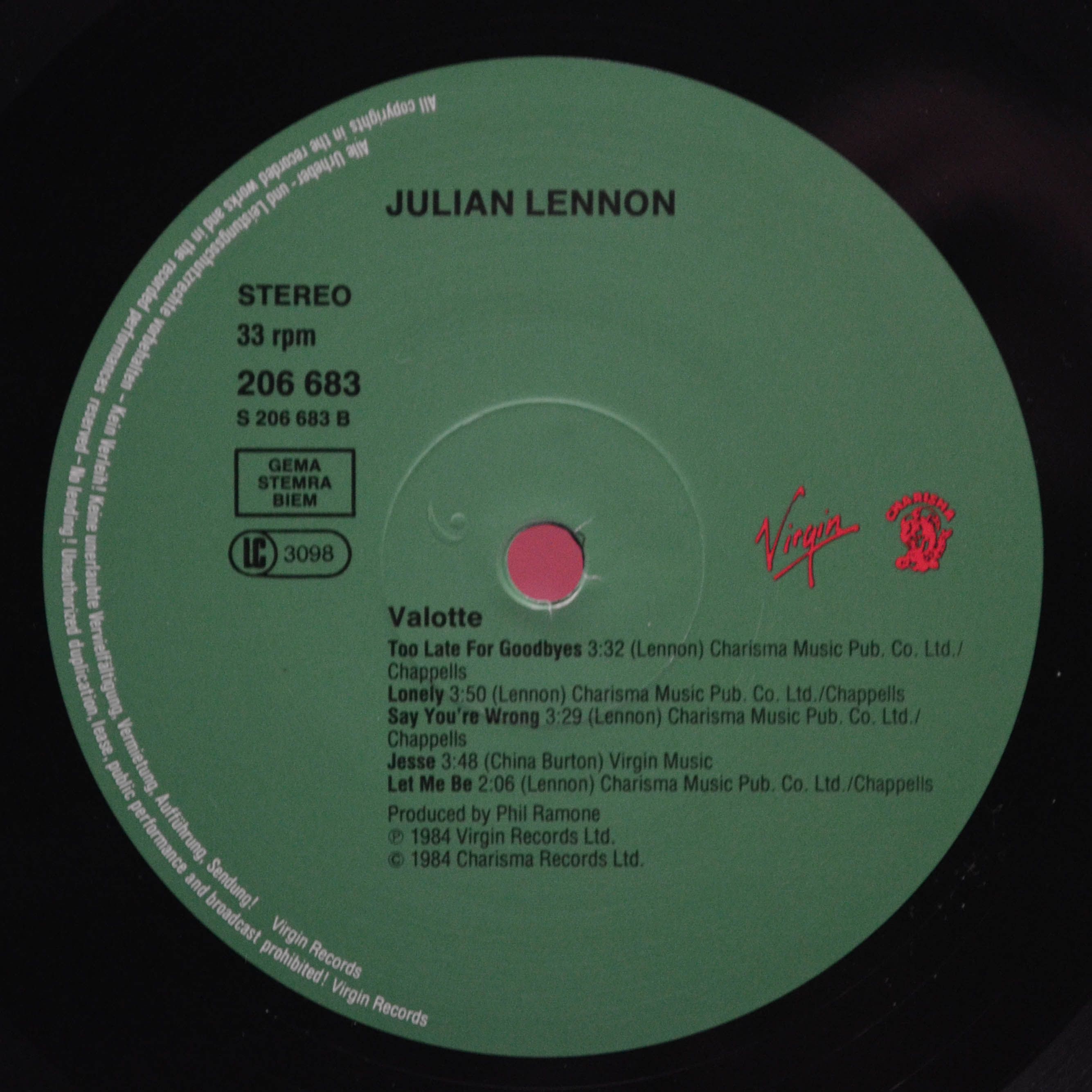 Виниловая пластинка Julian Lennon — Valotte, 1984