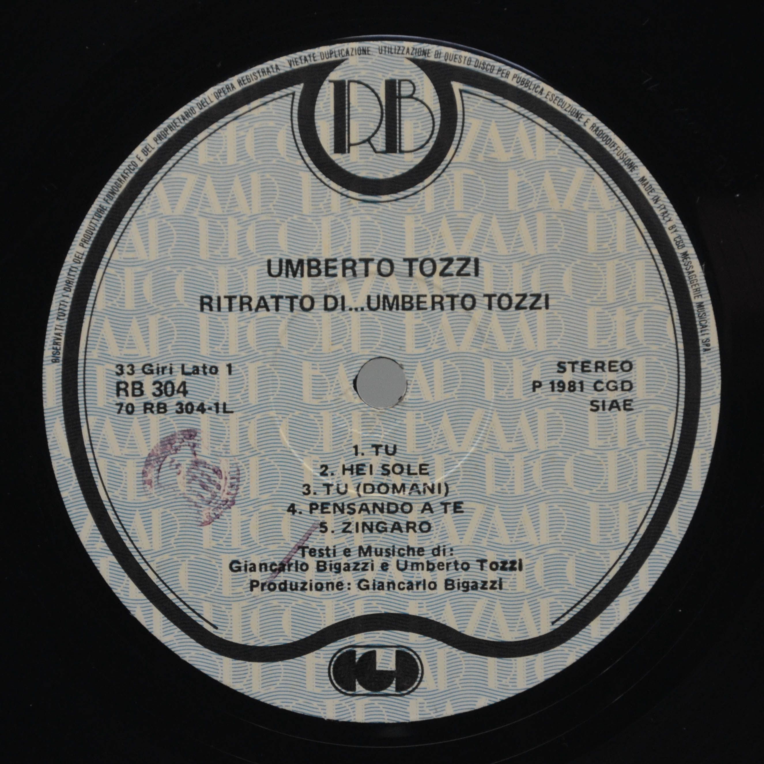 Виниловая пластинка Umberto Tozzi — Ritratto Di... Umberto Tozzi (Italy), 1981