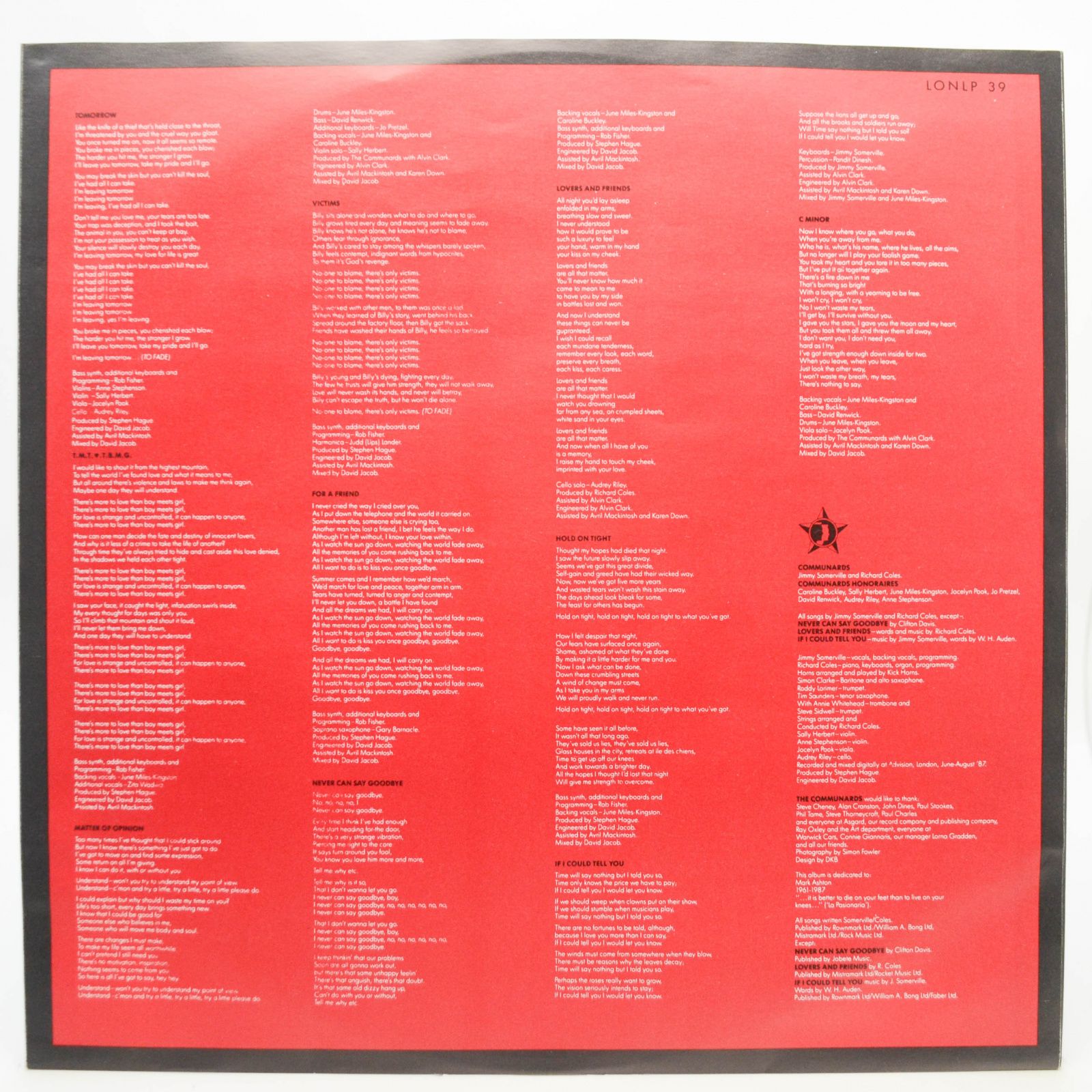 Виниловая пластинка Communards — Red (1-st, UK), 1987