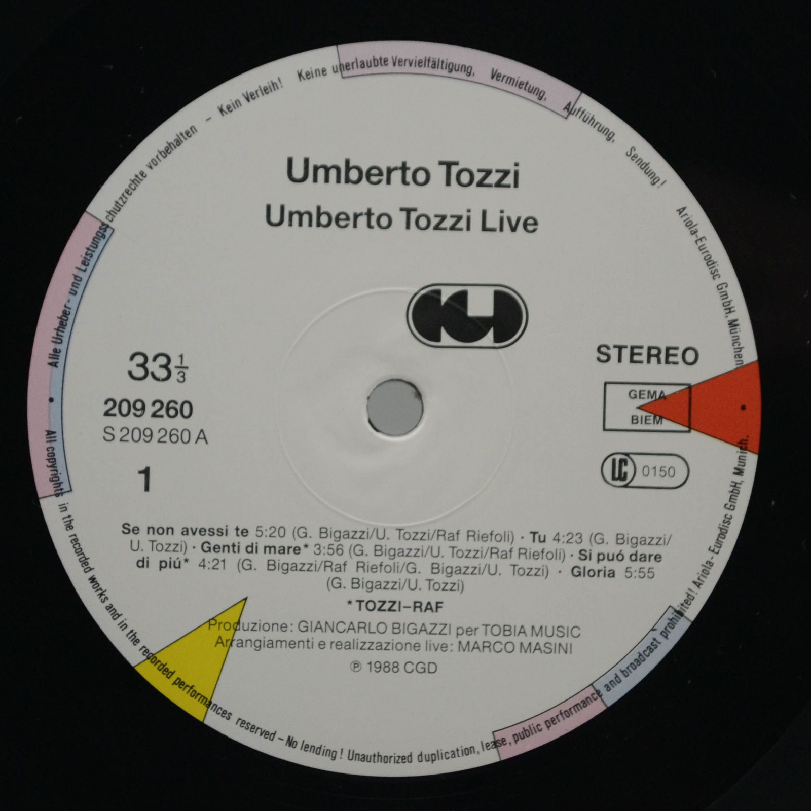 Виниловая пластинка Umberto Tozzi — Live Royal Albert Hall, 1988