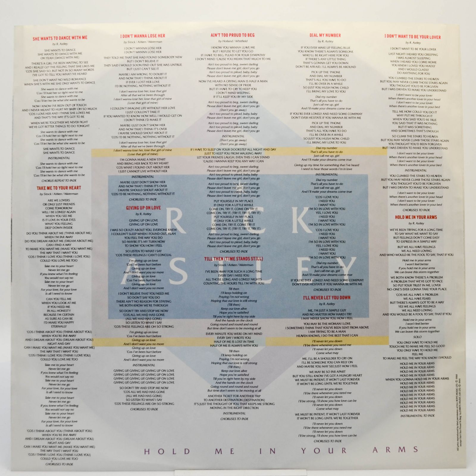 Виниловая пластинка Rick Astley — Hold Me In Your Arms, 1988
