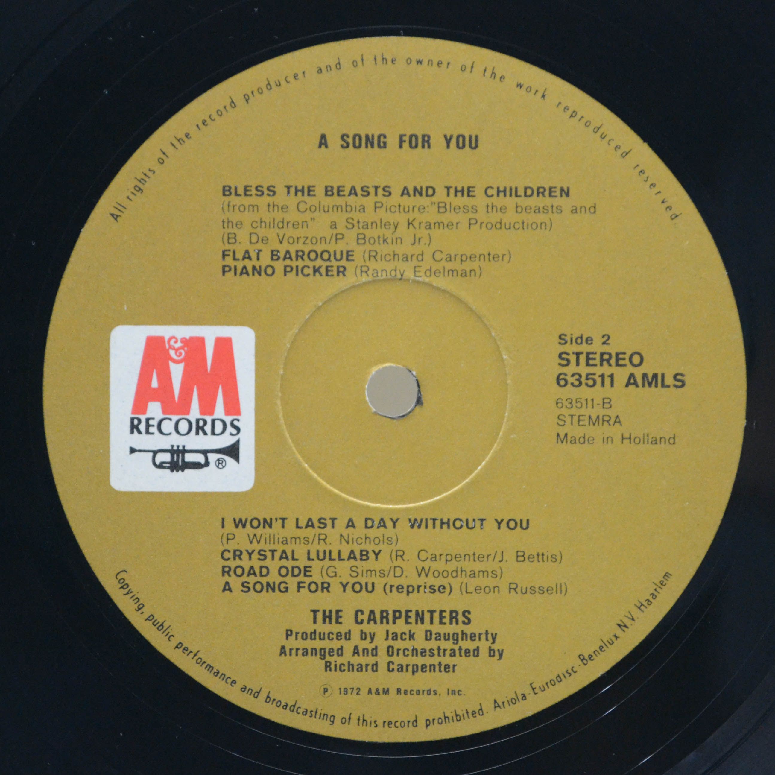 Виниловая пластинка Carpenters — A Song For You, 1972