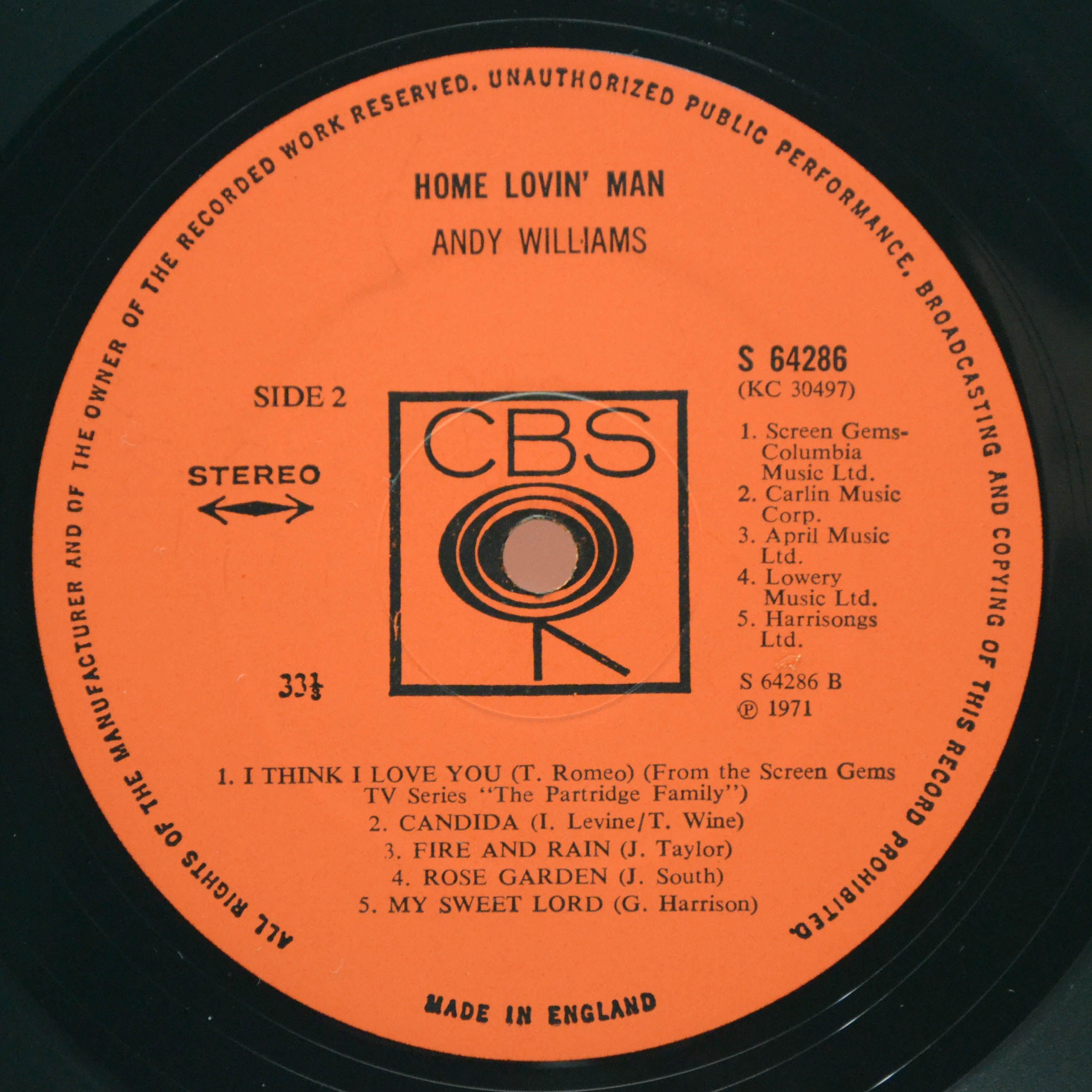 Виниловая пластинка Andy Williams — Home Lovin' Man (UK), 1971