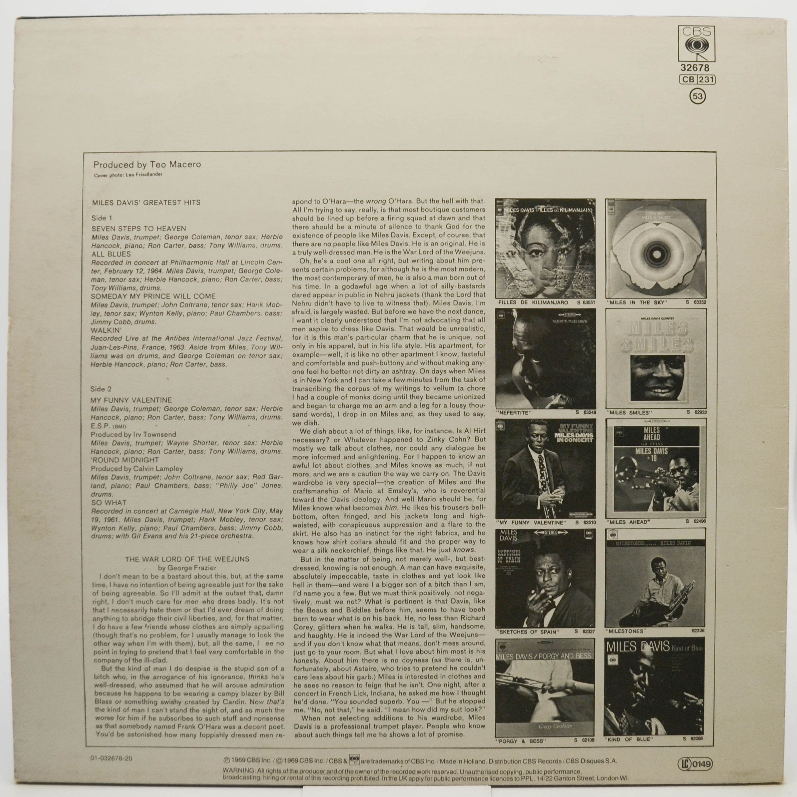 Виниловая пластинка Miles Davis — Miles Davis' Greatest Hits, 1969