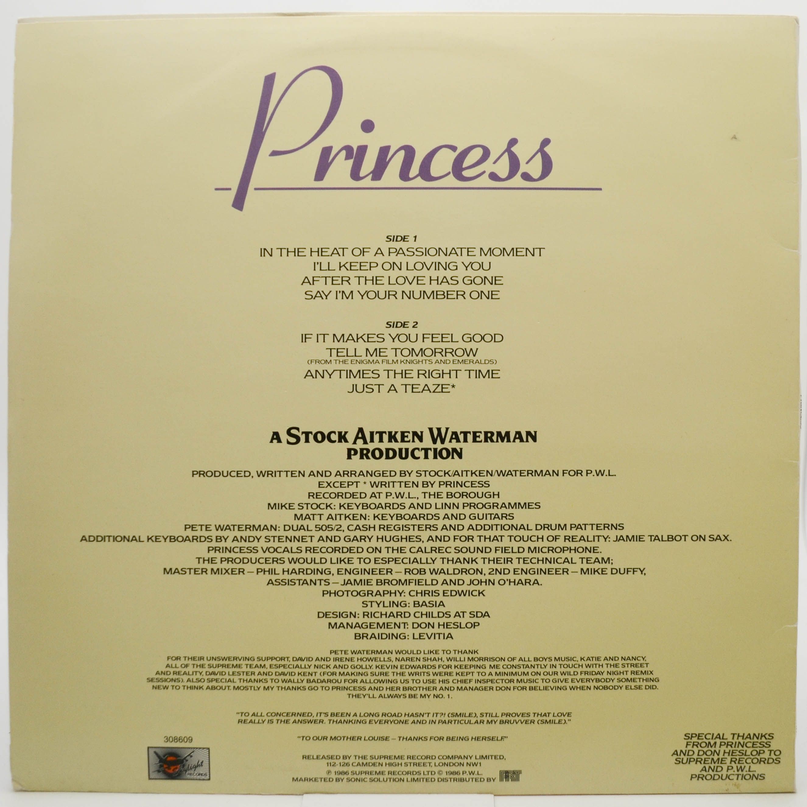 Виниловая пластинка Princess — Princess, 1986