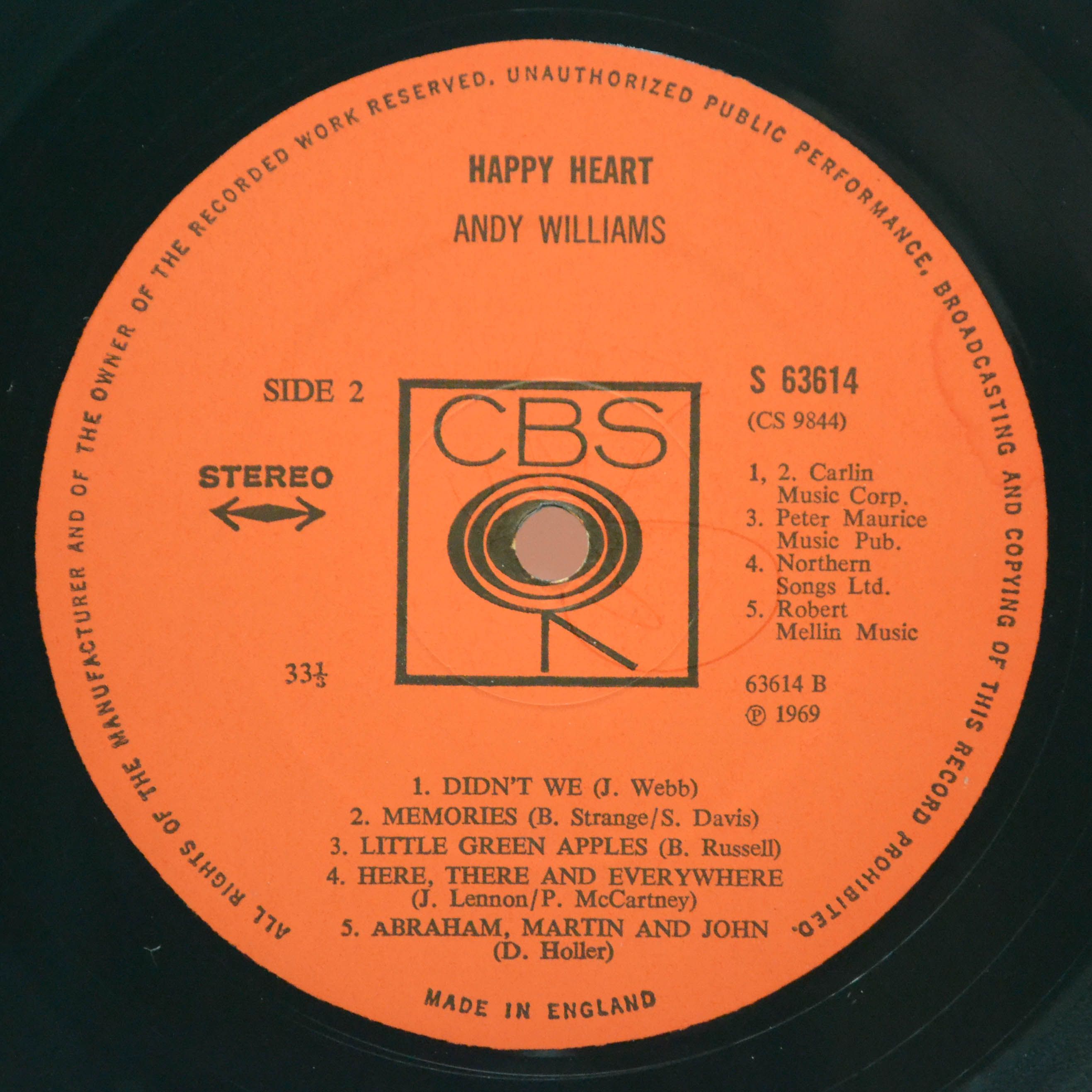 Виниловая пластинка Andy Williams — Happy Heart (UK), 1969