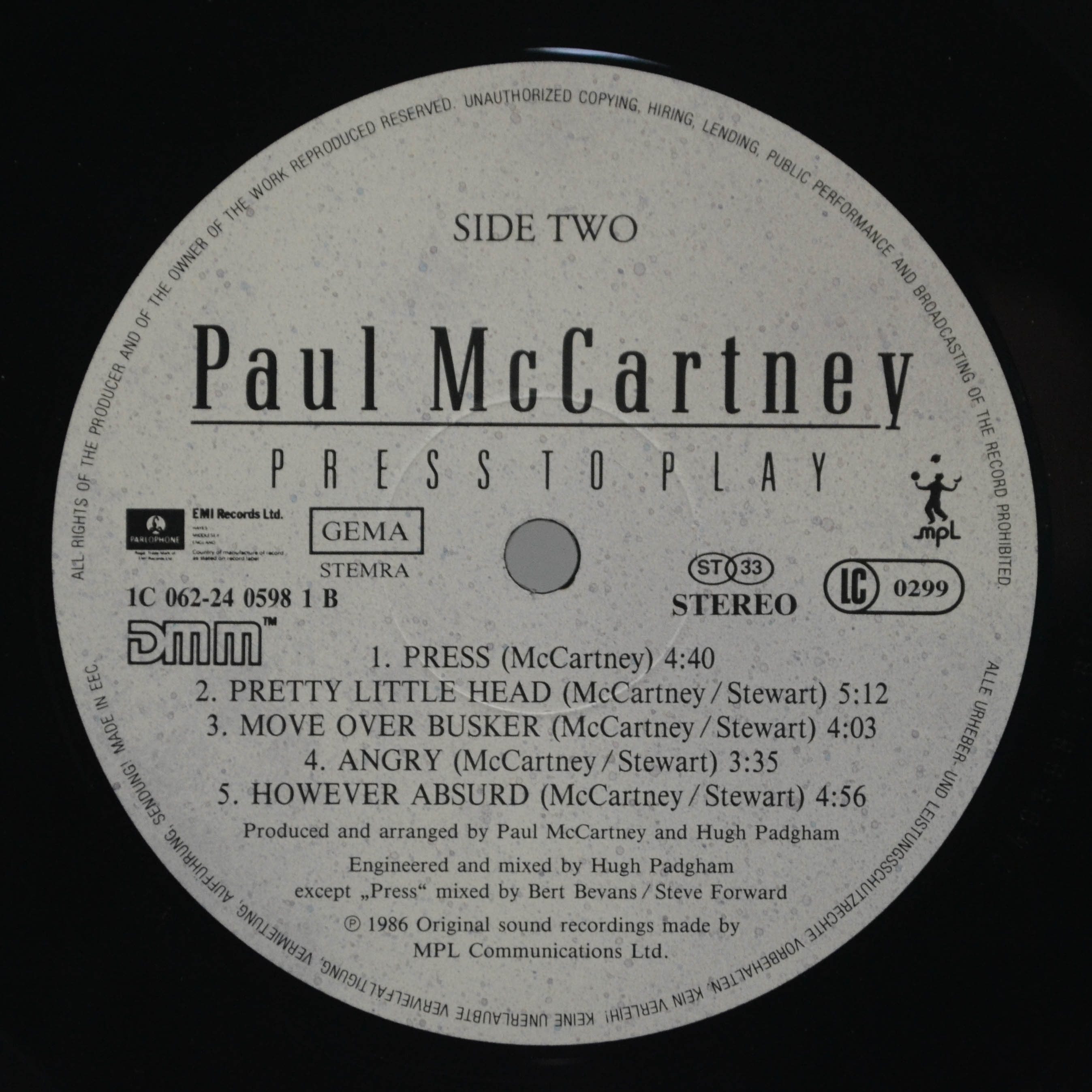 Виниловая пластинка Paul McCartney — Press To Play, 1986