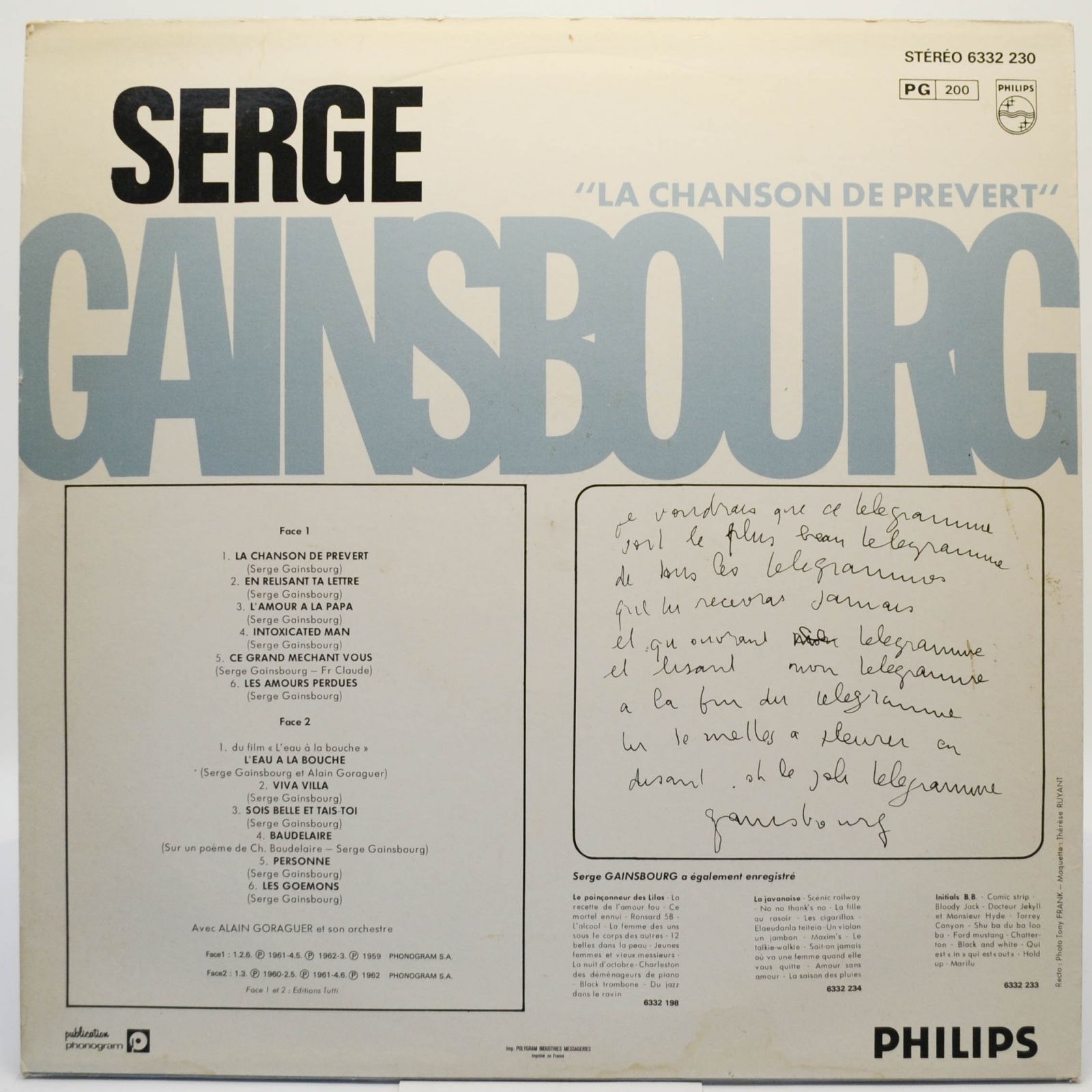 Виниловая пластинка Serge Gainsbourg — La Chanson De Prévert, 1969