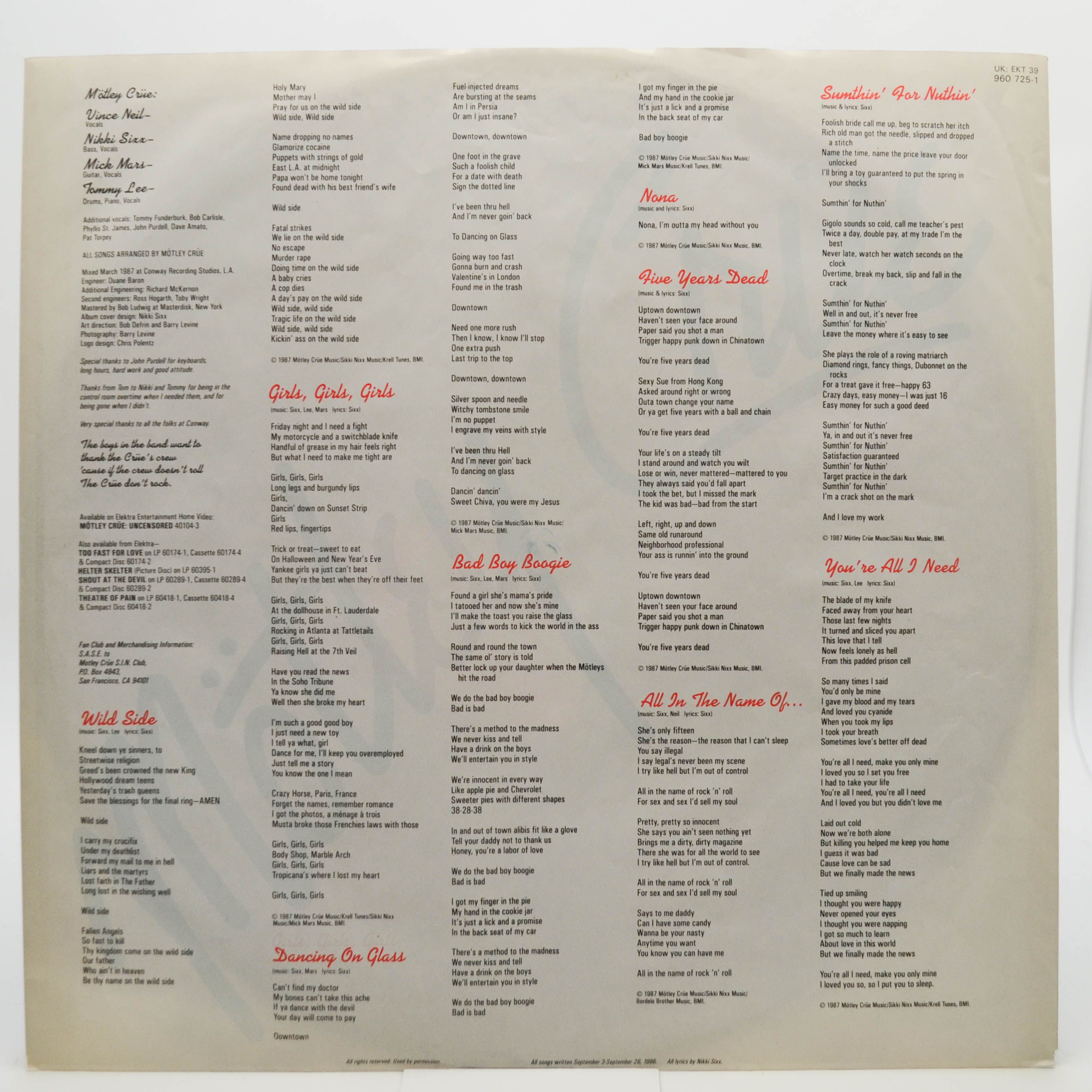 Виниловая пластинка Mötley Crüe — Girls, Girls, Girls, 1987