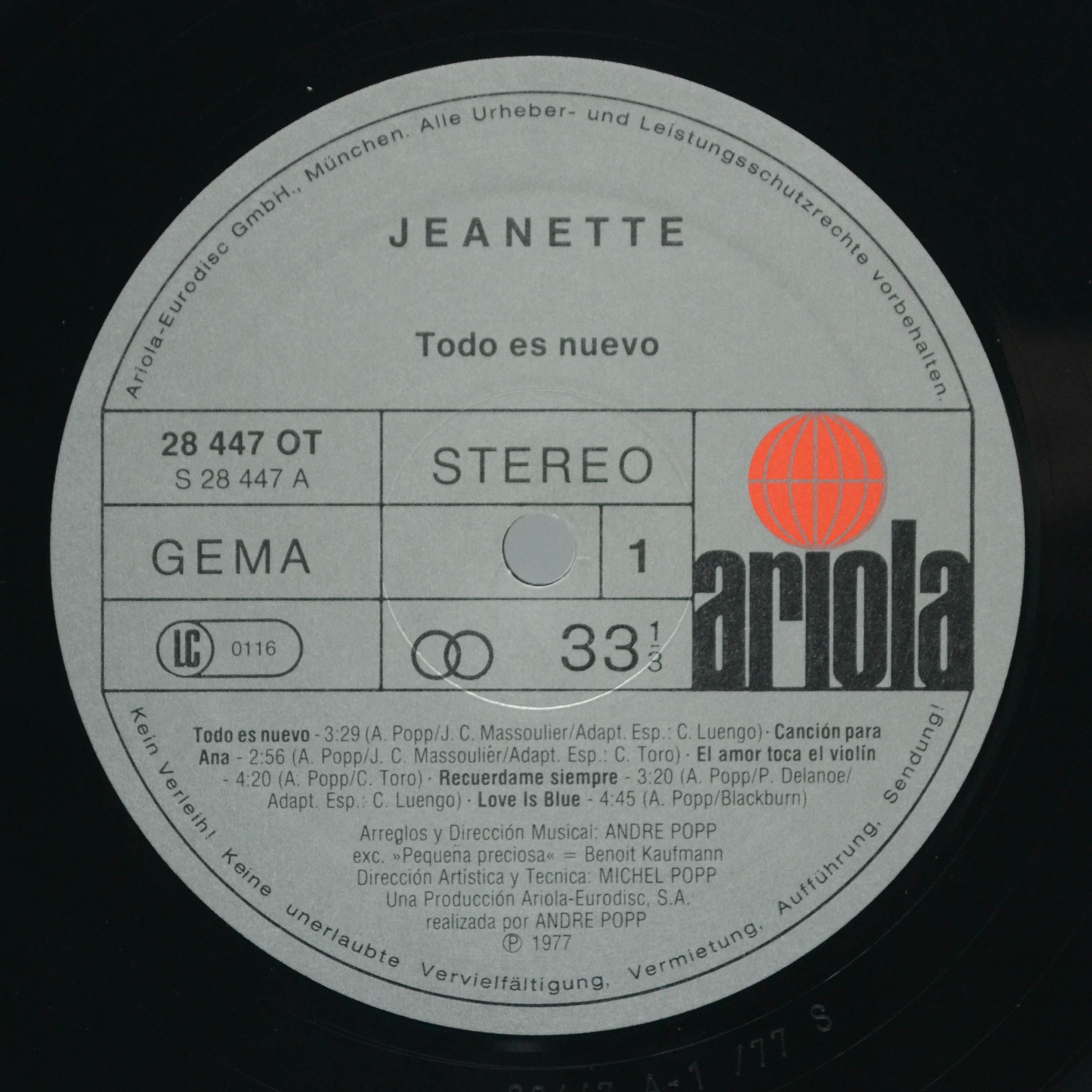 Виниловая пластинка Jeanette — Todo Es Nuevo, 1977