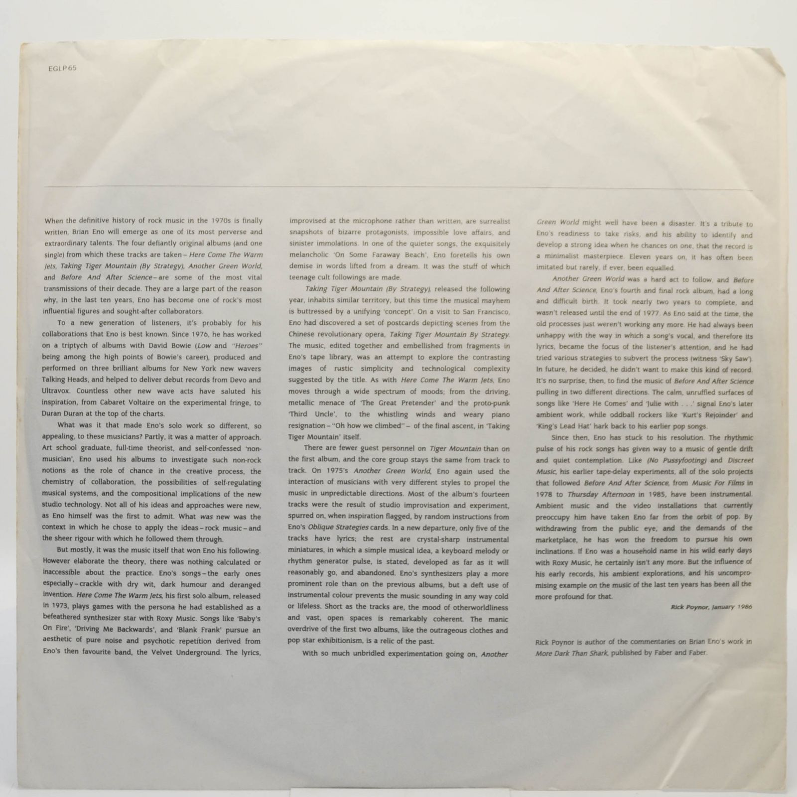 Виниловая пластинка Eno — More Blank Than Frank (USA), 1986