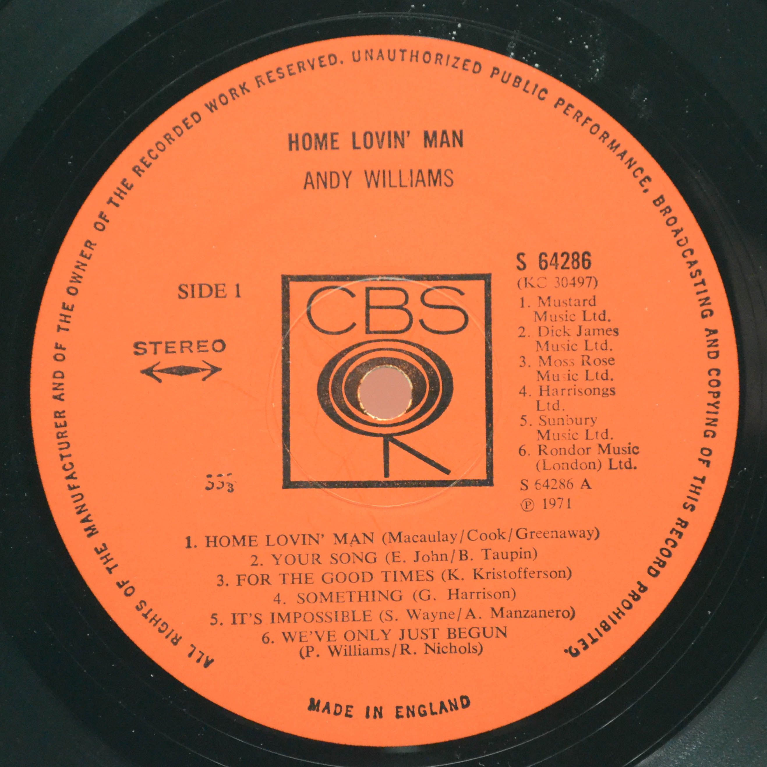 Виниловая пластинка Andy Williams — Home Lovin' Man (UK), 1971