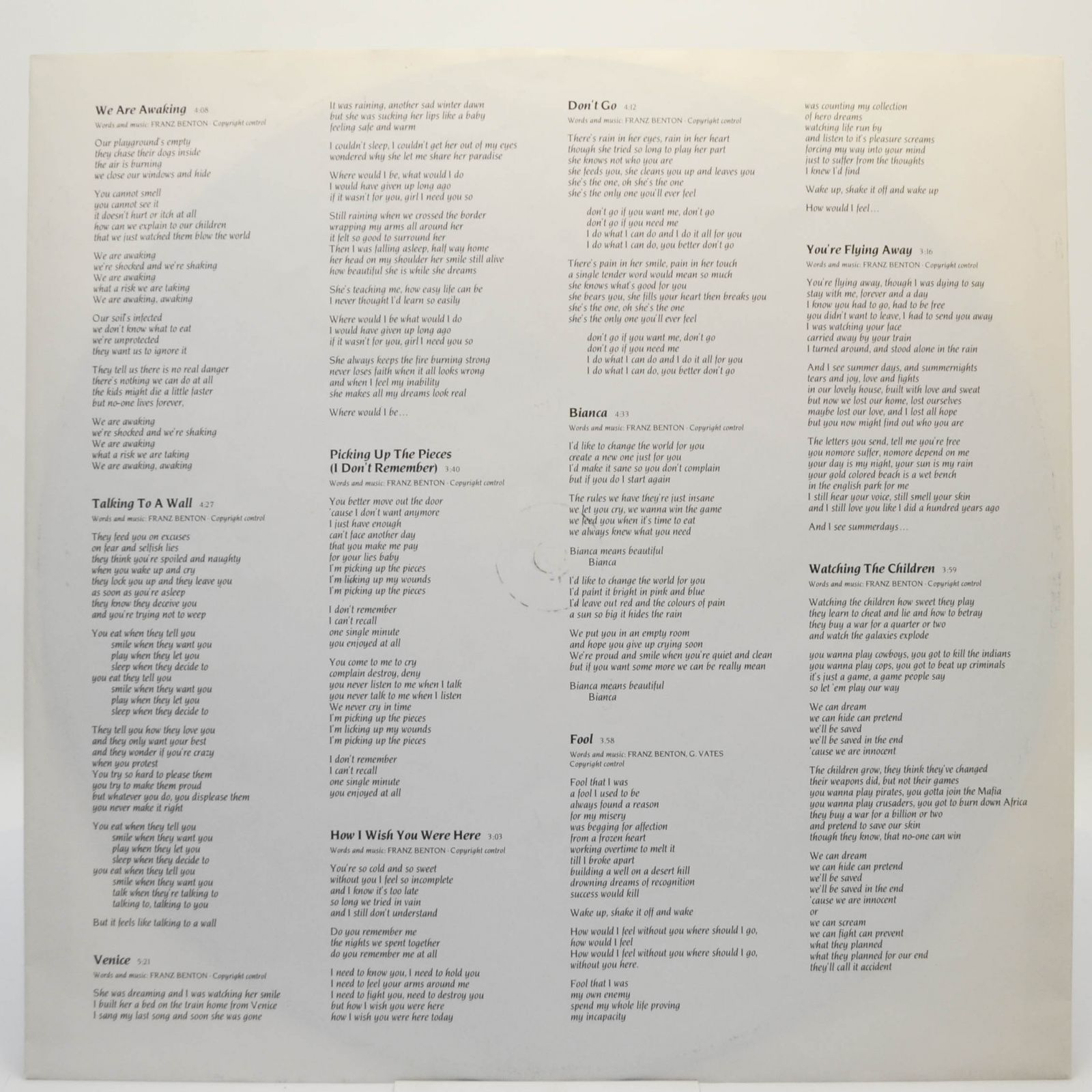 Виниловая пластинка Franz Benton — Talking To A Wall, 1986
