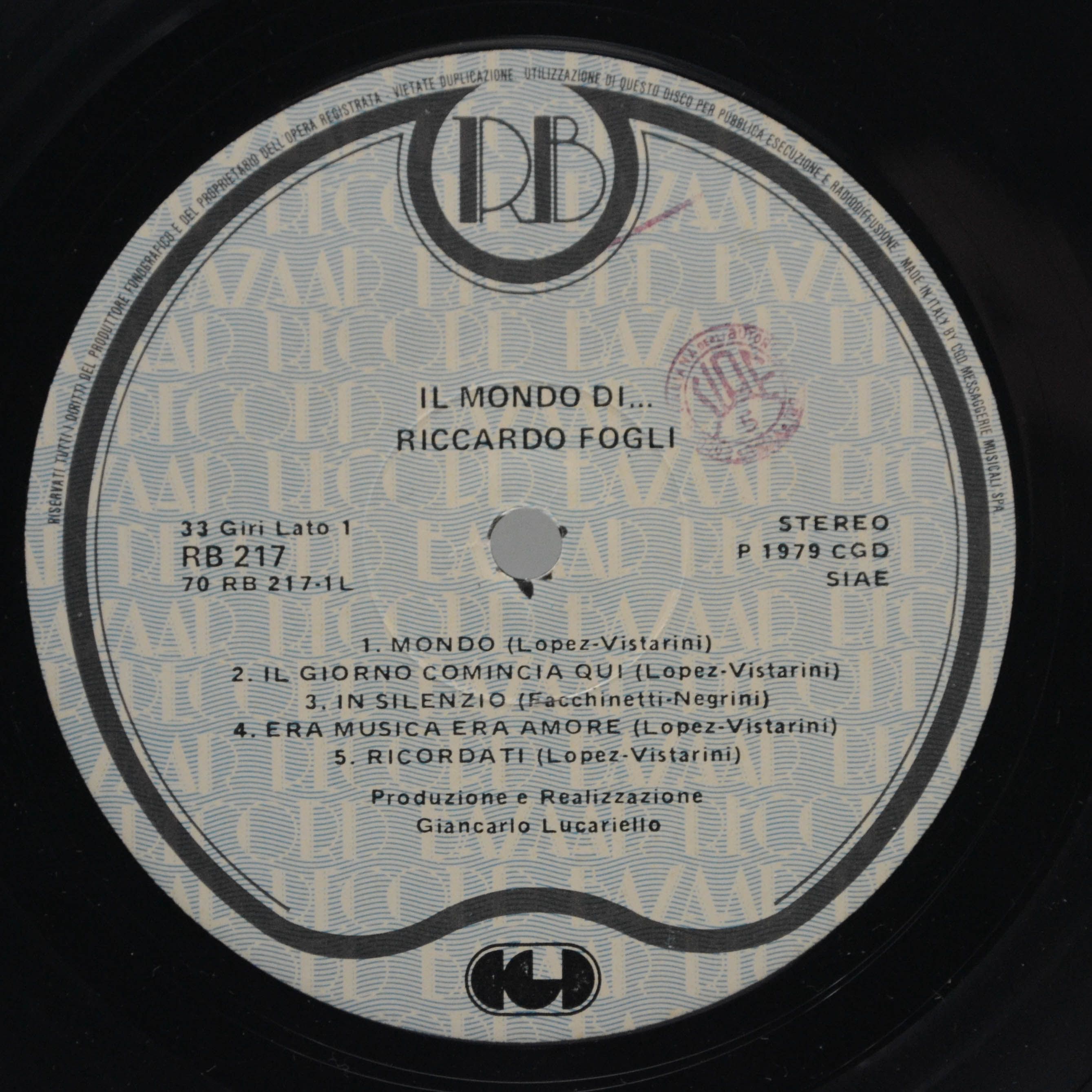 Виниловая пластинка Riccardo Fogli — Il Mondo Di... (Italy), 1979