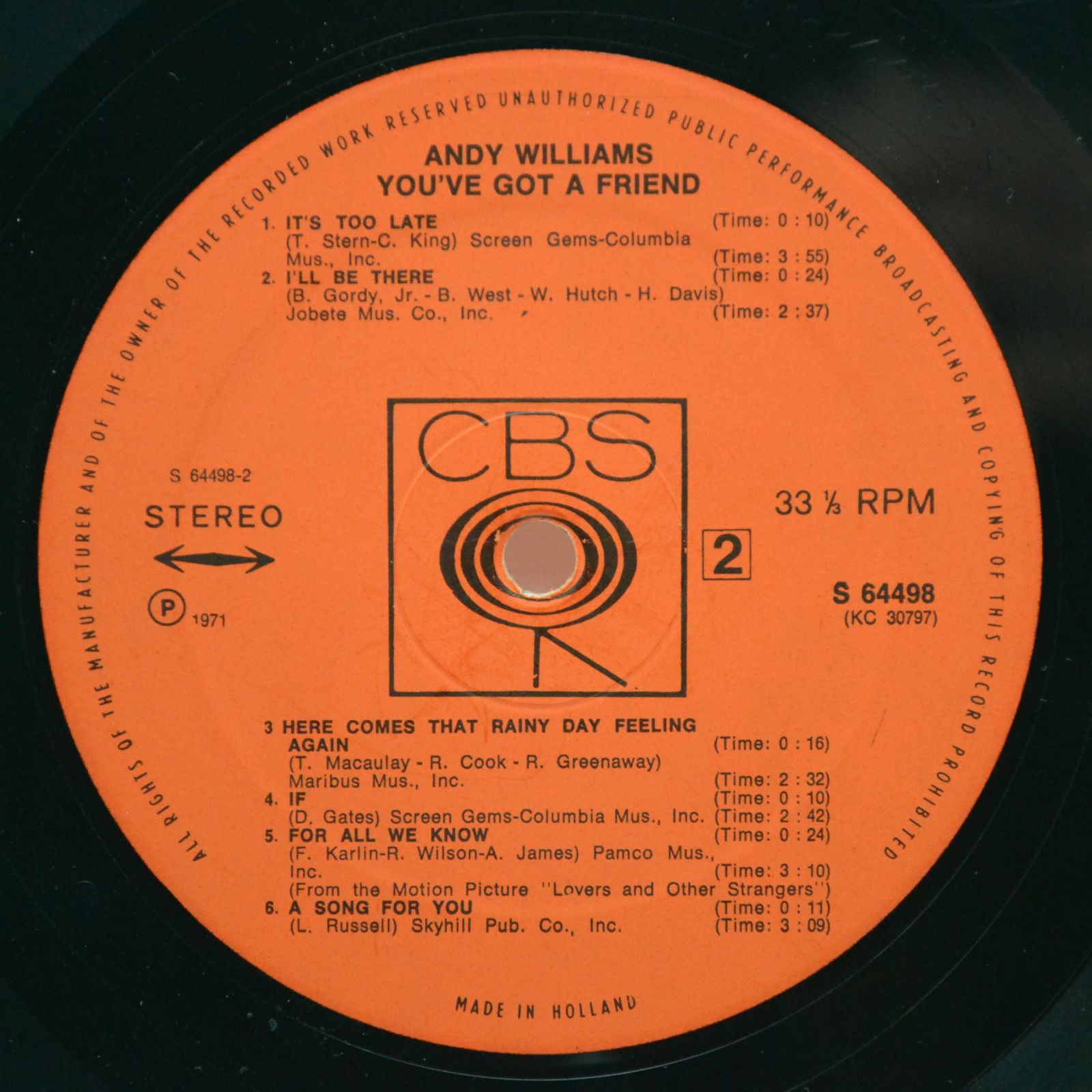 Виниловая пластинка Andy Williams — You've Got A Friend, 1971