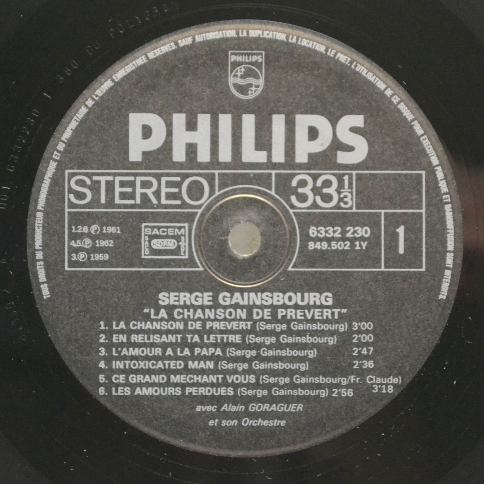 Виниловая пластинка Serge Gainsbourg — La Chanson De Prévert, 1969
