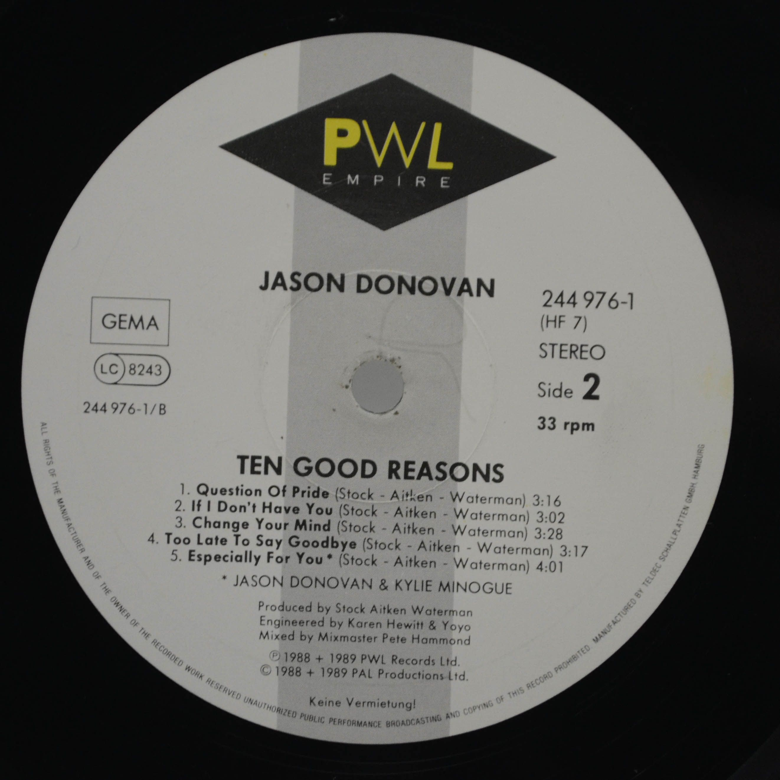 Виниловая пластинка Jason Donovan — Ten Good Reasons, 1989