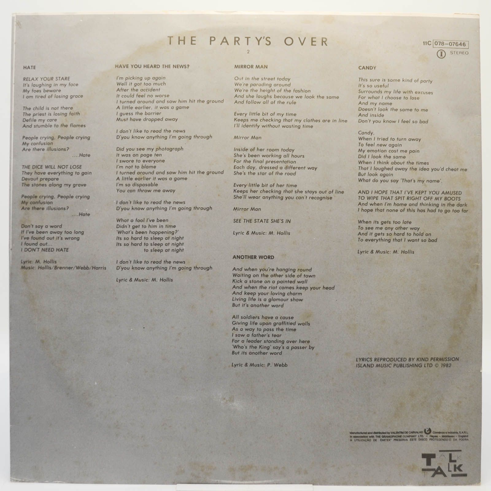 Виниловая пластинка Talk Talk — The Party's Over, 1982