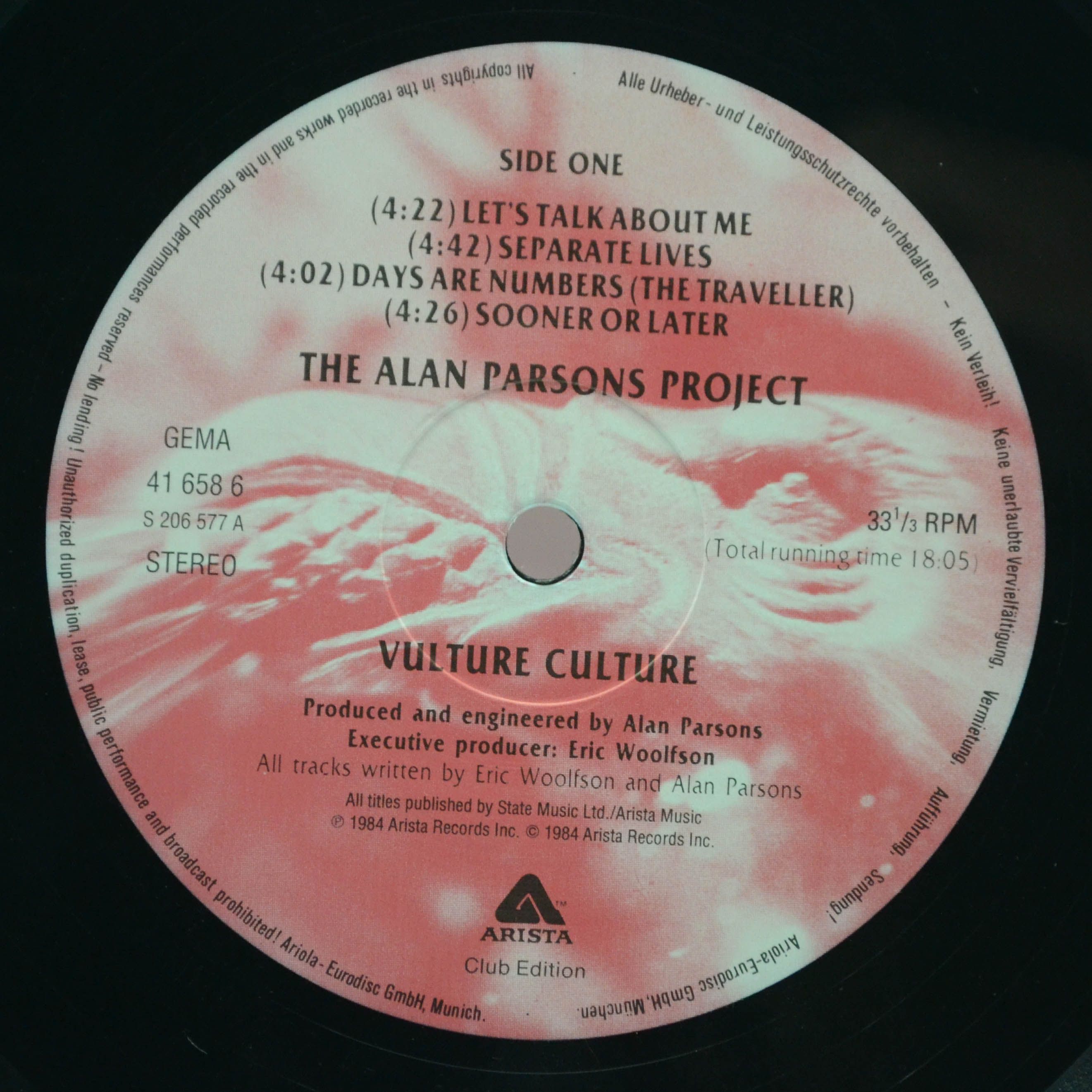 Виниловая пластинка Alan Parsons Project — Vulture Culture, 1985