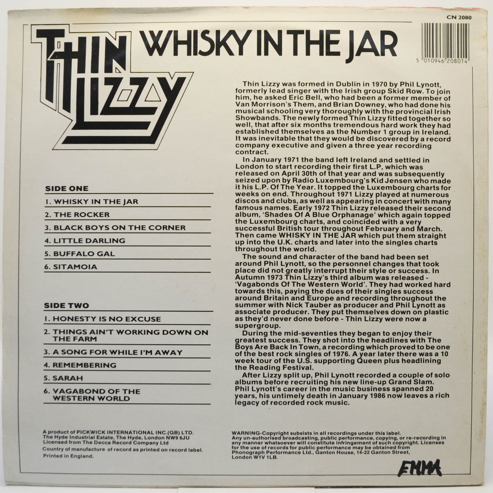 Виниловая пластинка Thin Lizzy — Whisky In The Jar (UK), 1986