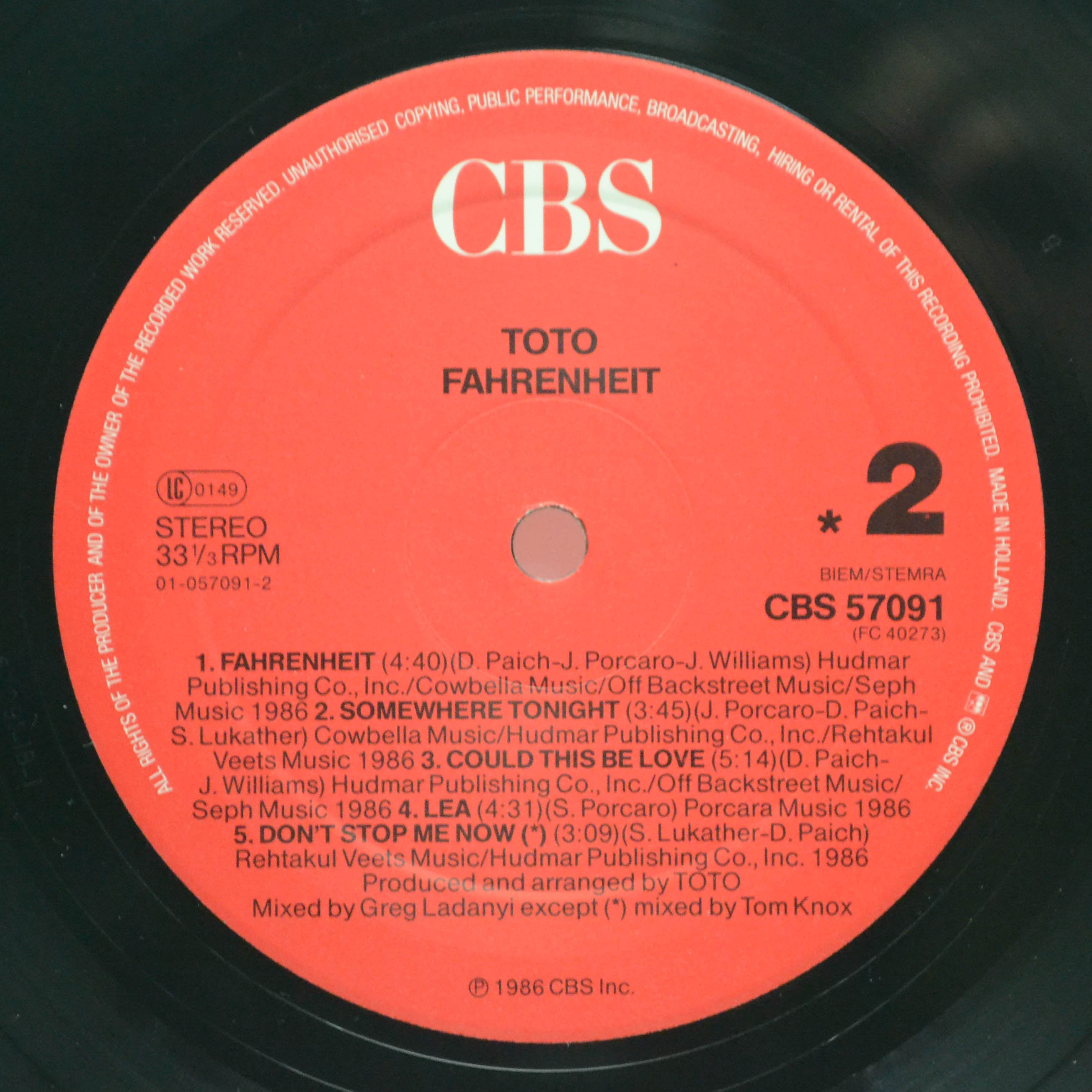 Toto — Fahrenheit, 1986