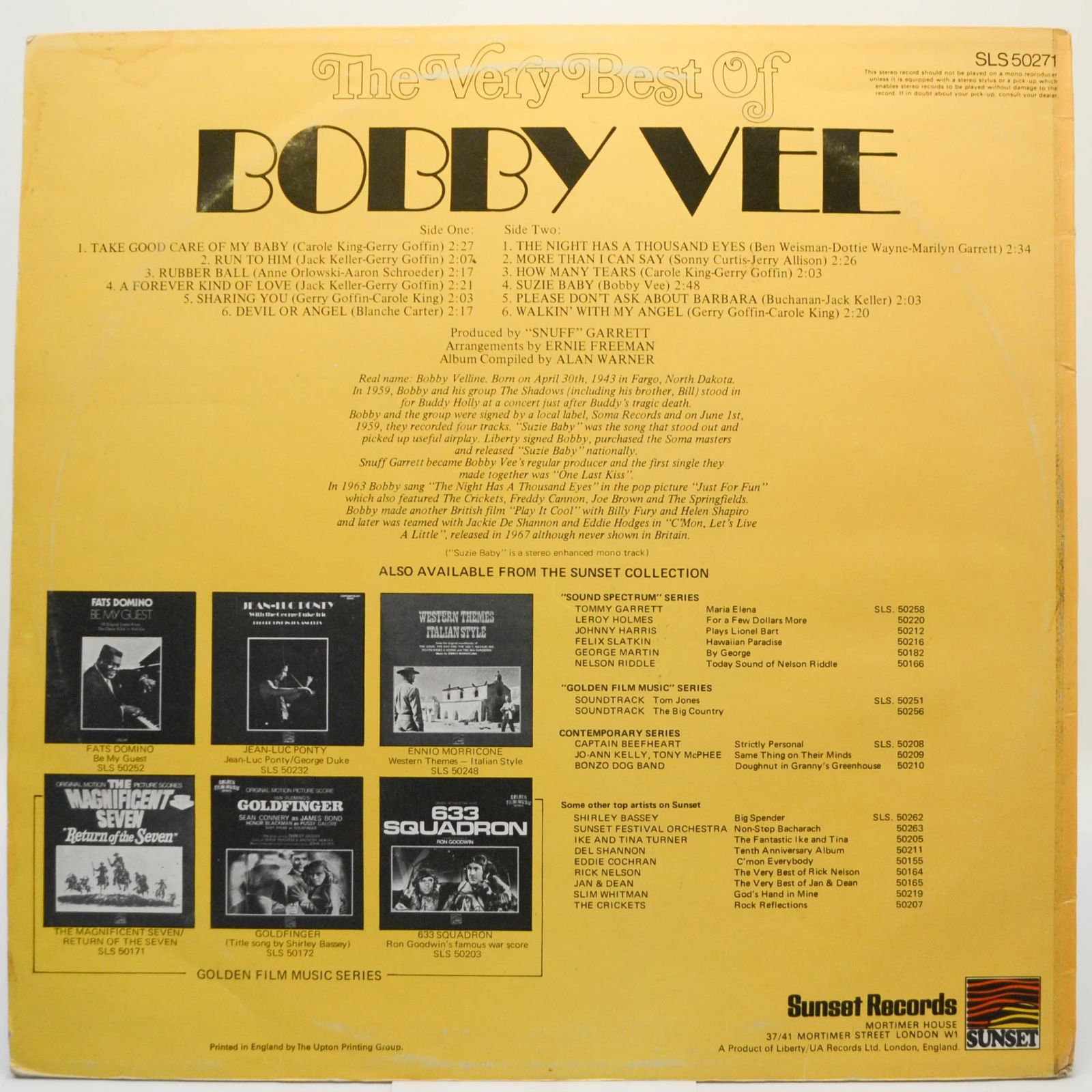 Виниловая пластинка Bobby Vee — The Very Best Of Bobby Vee, 1974