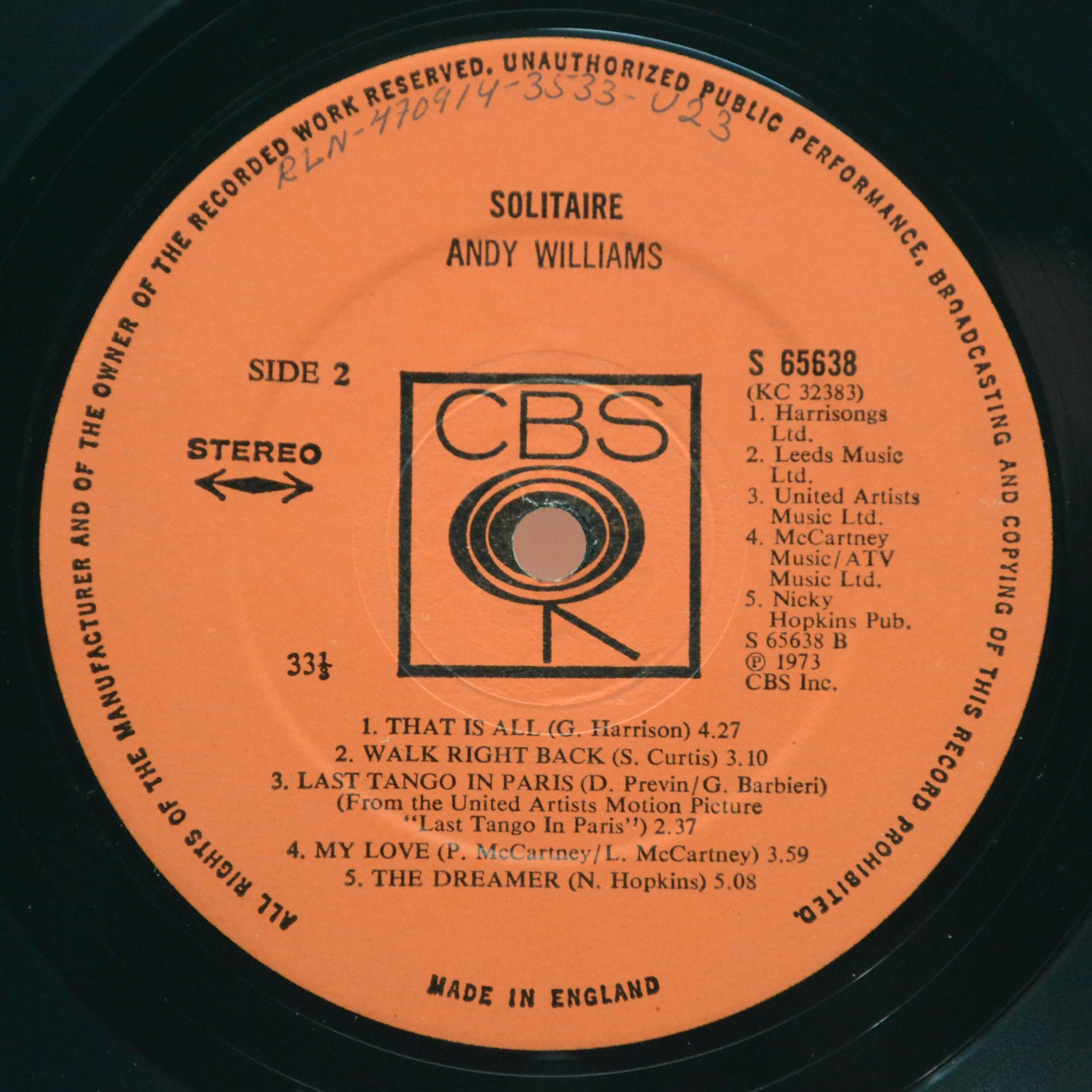 Виниловая пластинка Andy Williams — Solitaire (UK), 1973