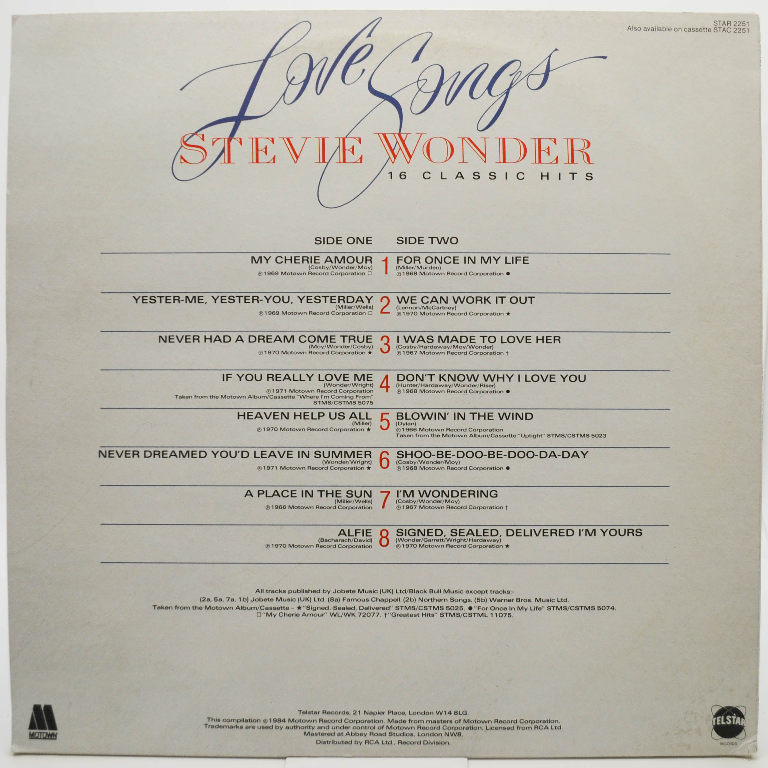 Виниловая пластинка Stevie Wonder — Love Songs (UK), 1984