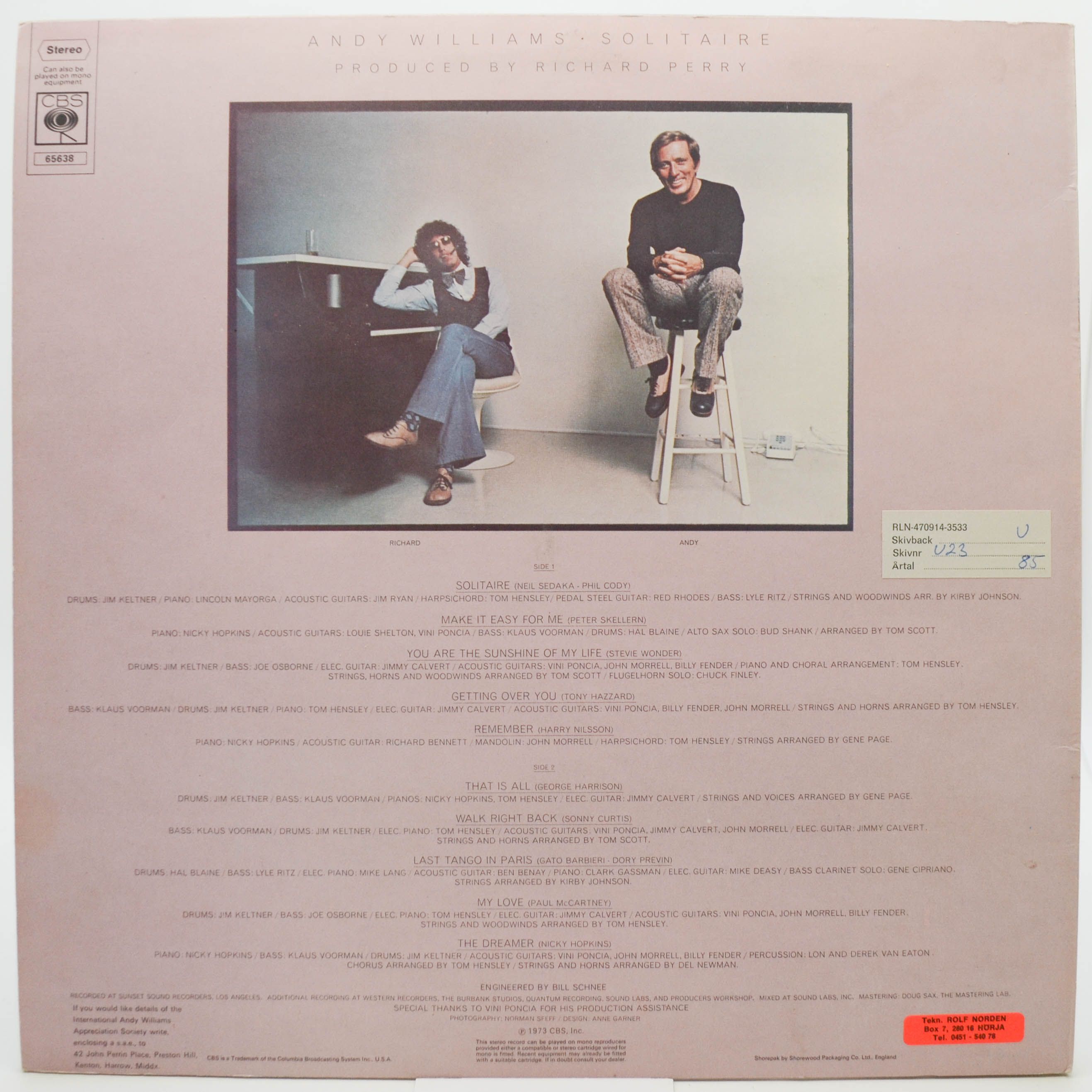 Виниловая пластинка Andy Williams — Solitaire (UK), 1973